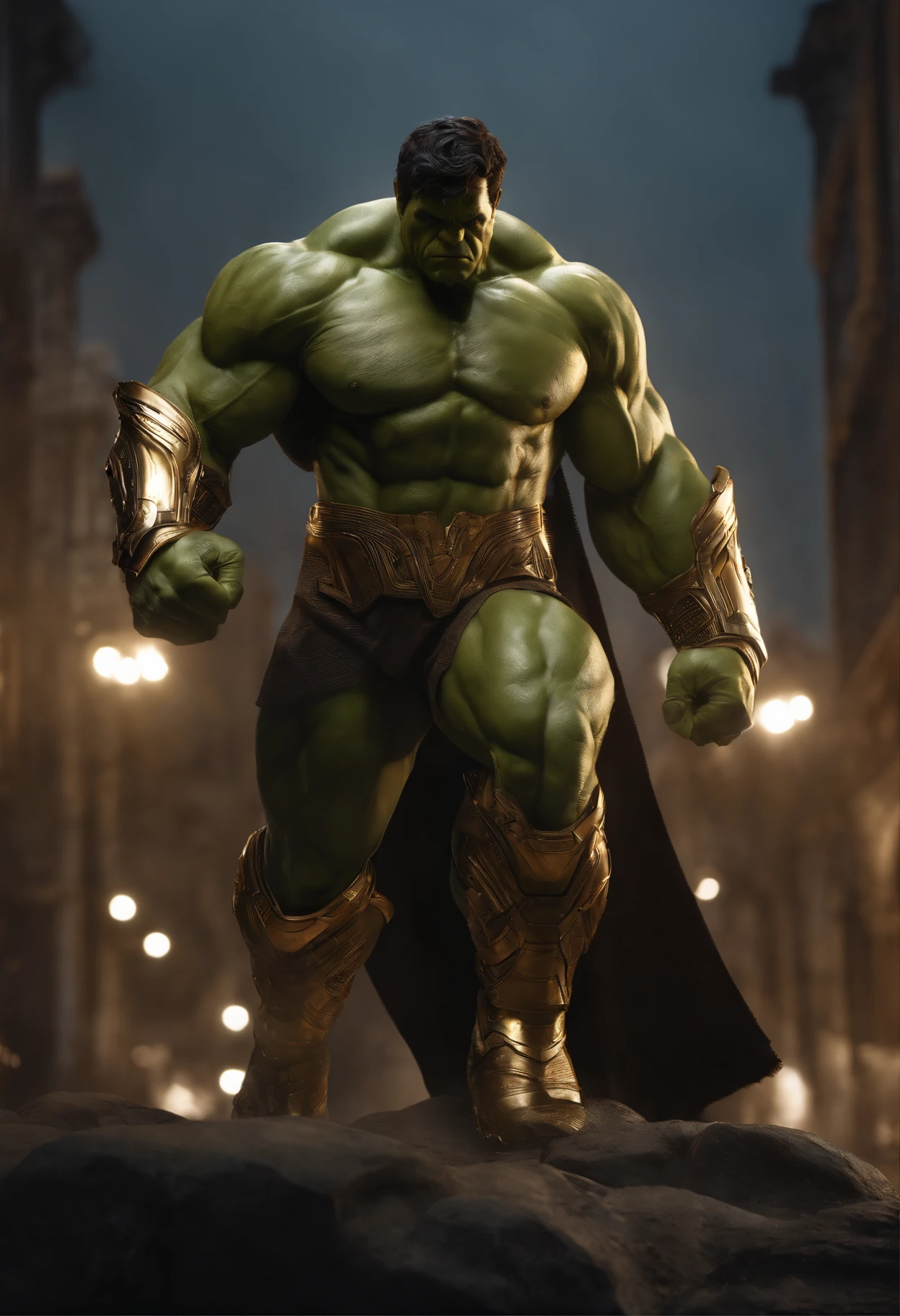 full body shot of hulk  in white and gold armour style suit, no mask on, white cape, looking at center camera, perfect composition, beautiful detailed intricate insanely detailed octane render trending on artstation, 8 k artistic photography, photorealistic concept art, soft natural volumetric cinematic perfect light, chiaroscuro, award - winning photograph, masterpiece, oil on canvas, raphael, caravaggio, greg rutkowski, beeple, beksinski, giger, trending on artstation, sharp focus, studio photo, intricate details, highly detailed, night city background, by greg rutkowski