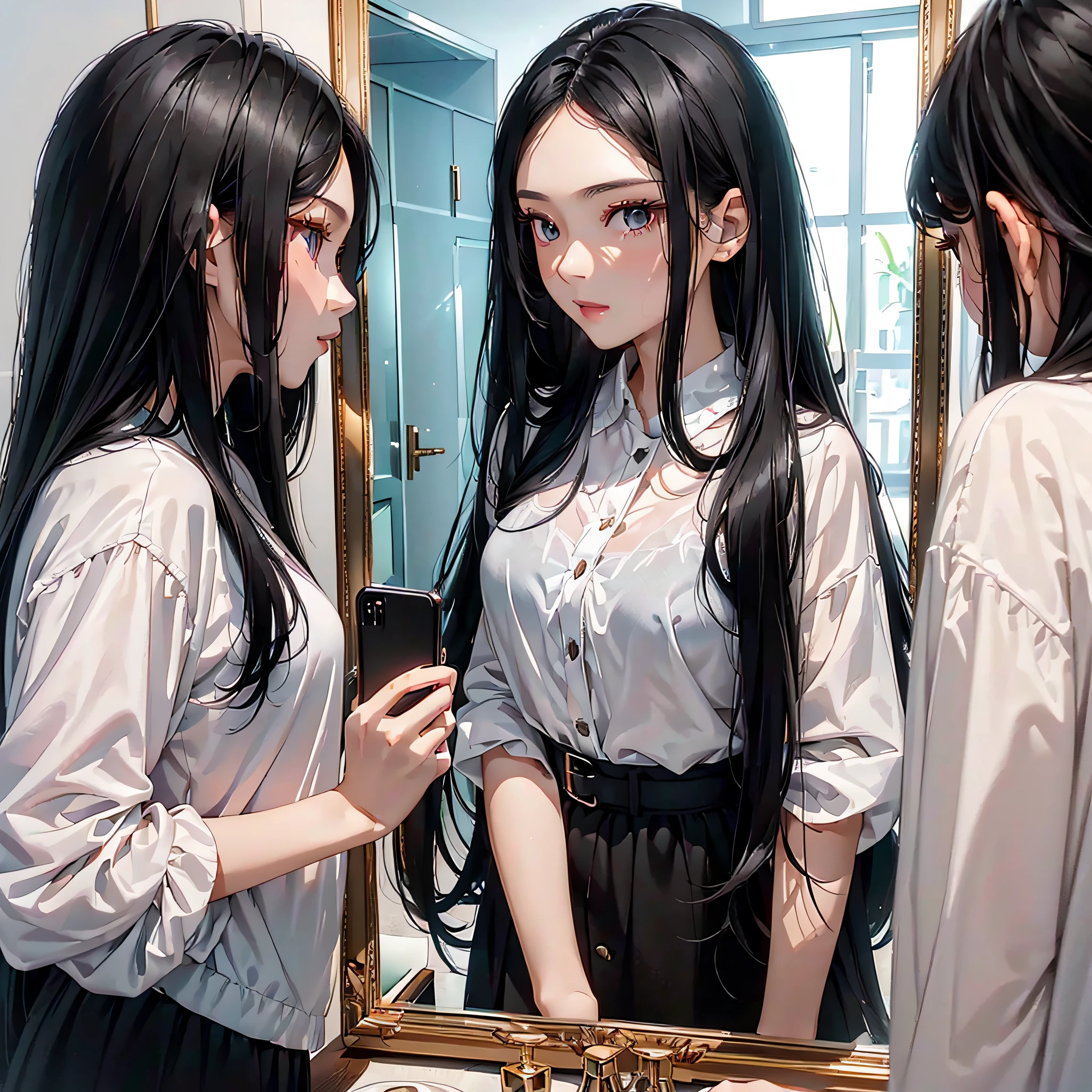 ((Face to face２Semi-long black hair beautiful girl taking a selfie with her smartphone in between the mirrors)):1.9、Perfect Ray Tracing、top-quality、Masterpiece