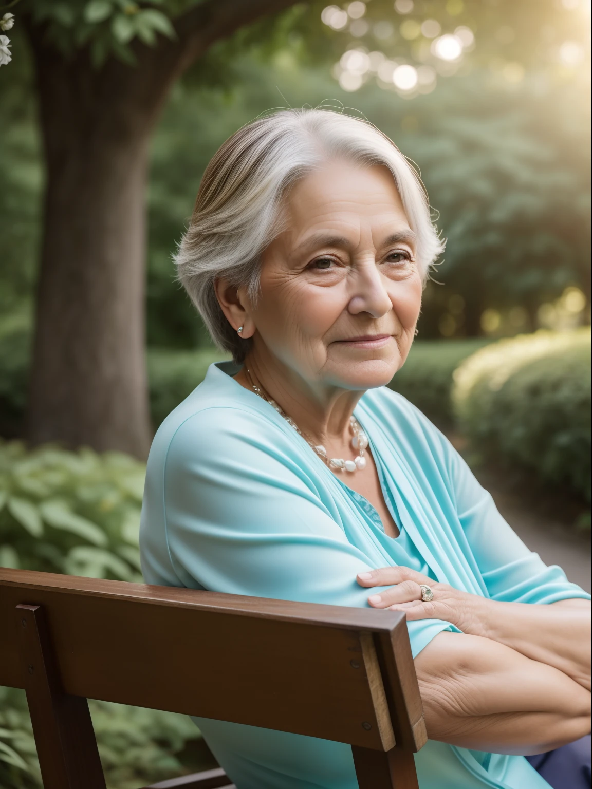 A personal portrait of a very beautiful old woman sitting on a wooden bench in a lush park on a sunny day. Captured with a Sony α7 III camera and a 85mm lens at F 1.2 aperture, the background is blurred to isolate the subject. The park is filled with vibrant greenery and colorful flowers, providing a natural and peaceful atmosphere. Dreamy lighting creates a soft and warm glow that gently illuminates the subject's features, enhancing her natural stunning and peaceful beauty. The image is shot in photorealism mode to deliver an ultra-realistic image that truly captures the subject's unique personality.