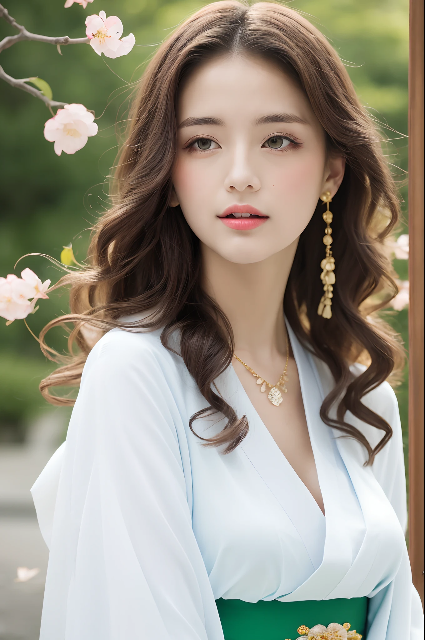 (masterpiece, detailed, high quality:1.3), natural lighting, a young woman, (green eyes:1.2), long hair, long curly hair, hair ribbon, (medium breasts:1.2), necklace, sakura falling petals, cherry blossoms background, dynamic pose, dynamic angle, close-up, looking at viewer, (wearing white kimono_clothes:1.3), holding umbrella,