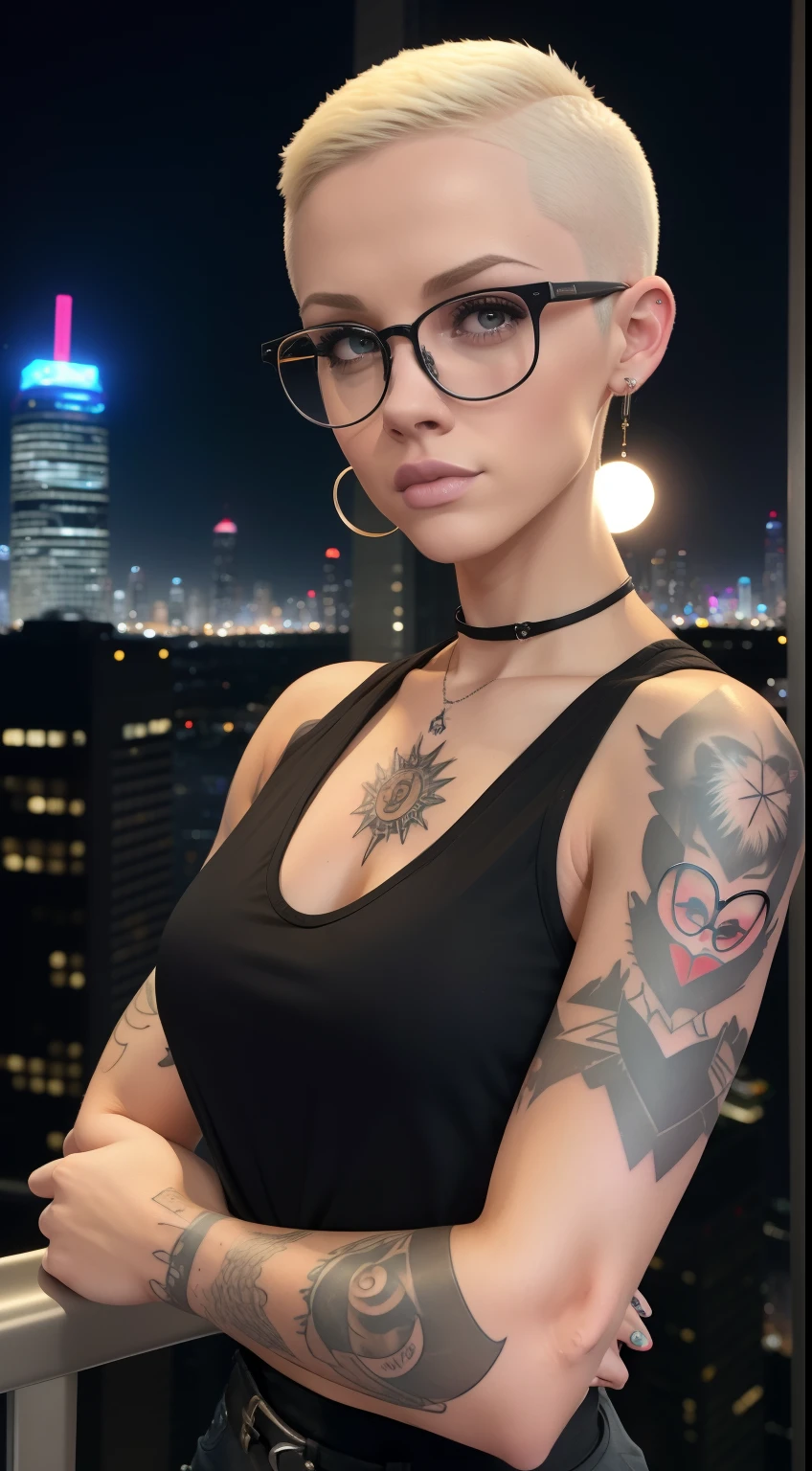 Girl, Riley Nixon haircut, shaved hair, Blonde hairstyle, Very short hair, Bald,, White vest shirt, Red Moon tattoo, Tattoo on the right arm, Wearing glasses, Blonde hairstyle, Riley Nixon haircut, Lipstick Black, Piercings in the face, On a skyscraper, looking at viewert, Storm City, 4K
