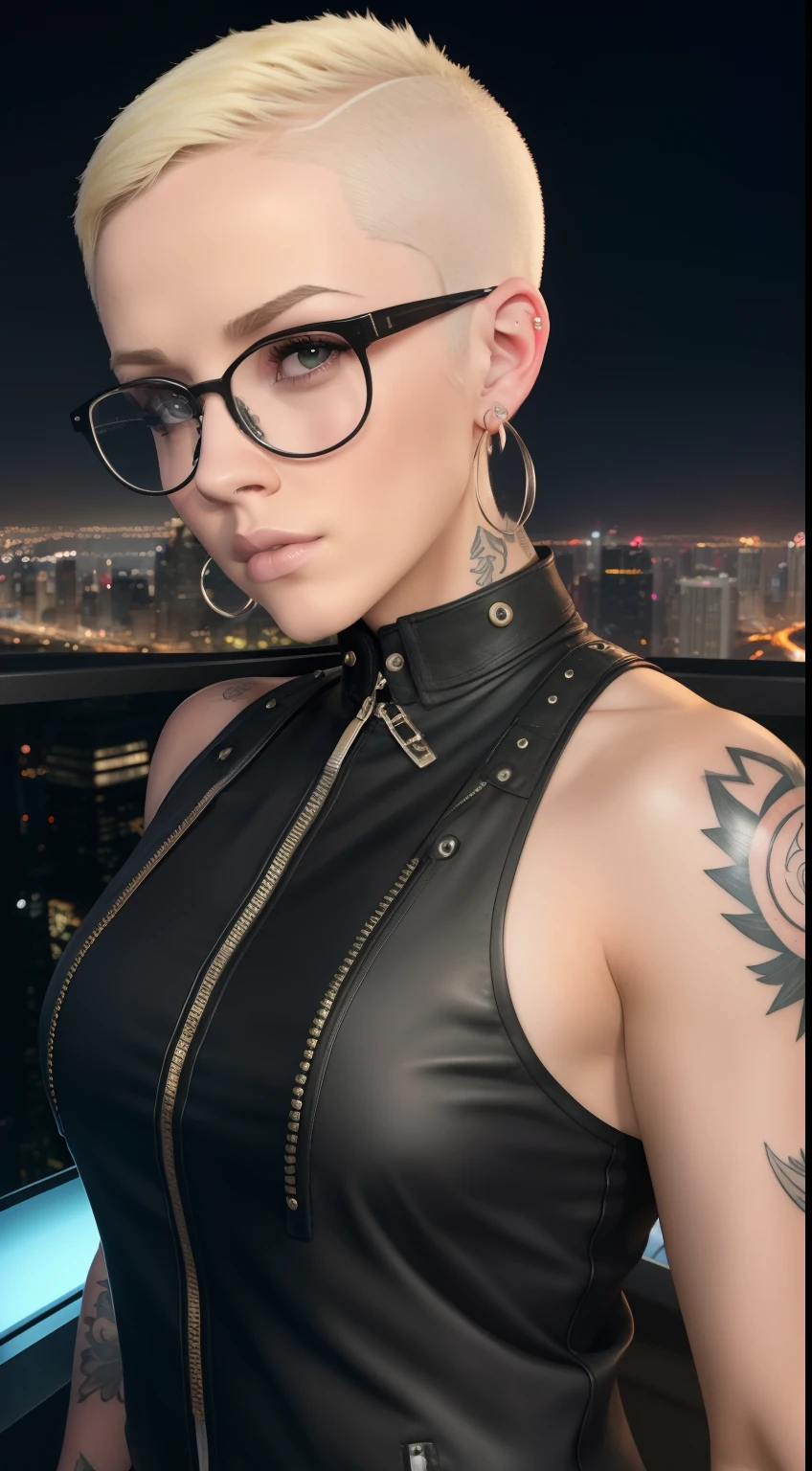 Girl, Riley Nixon haircut, shaved hair, Blonde hairstyle, Very short hair, Bald,, White vest shirt, Red Moon tattoo, Tattoo on the right arm, Wearing glasses, Blonde hairstyle, Riley Nixon haircut, Lipstick Black, Piercings in the face, On a skyscraper, looking at viewert, Storm City, 4K