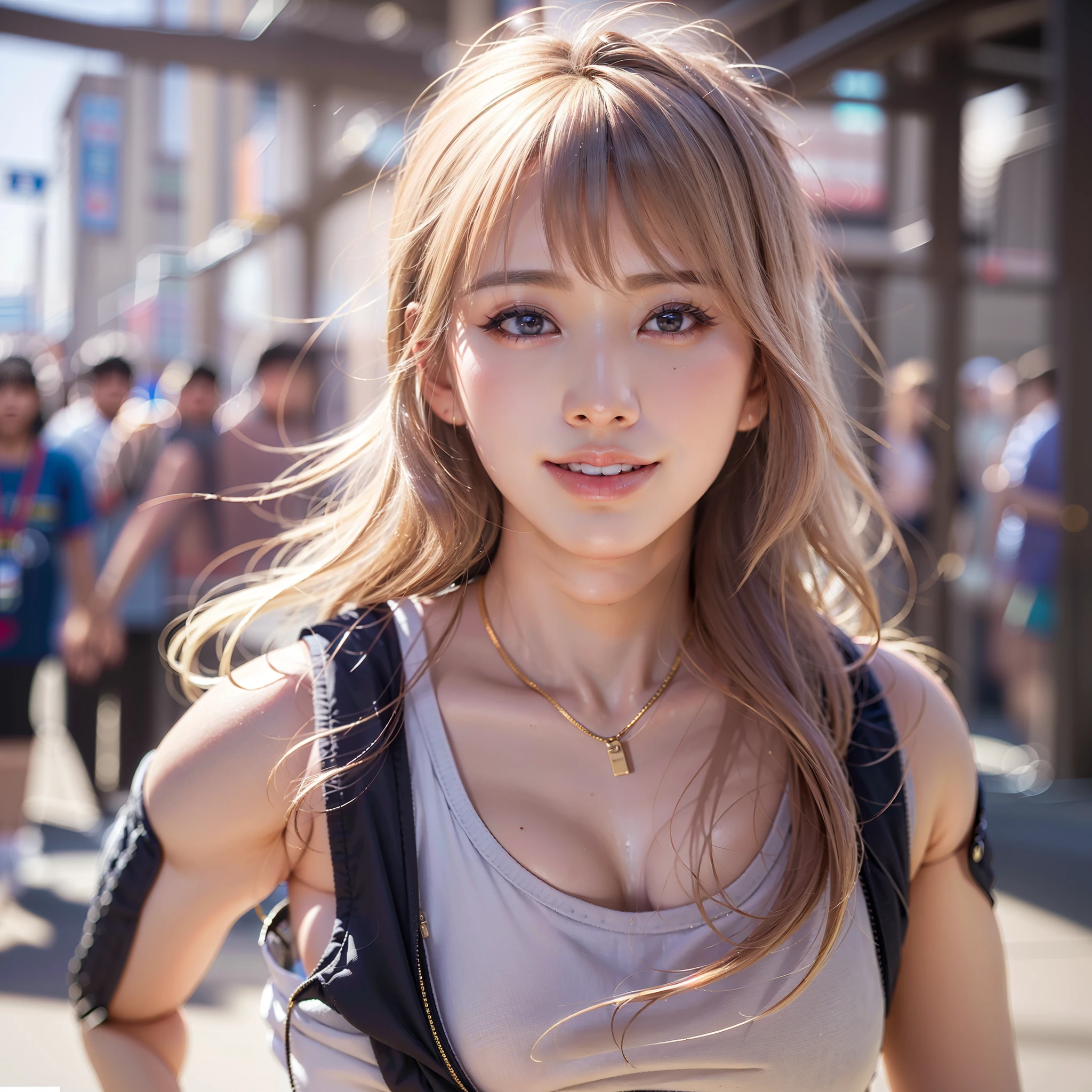 Photorealistic: 1.5, Cute Running Wear、Tank Tops、spats、1人の女性、Japan idol、Running around the city、Colossal tits、Cheerful smile、japanes, drooping eyes: 1.3, Perfect proportions, Portrait, ((Nikon Student) (Photo)) (8K, FujifilmXT3, masutepiece, ((Real Skin)) (No retouching, Lip gloss, False eyelashes, Real Skin, Highest Quality, Ultra-high resolution, depth of fields, chromatic abberation, Caustics) , Wide Lighting, Natural Shading))