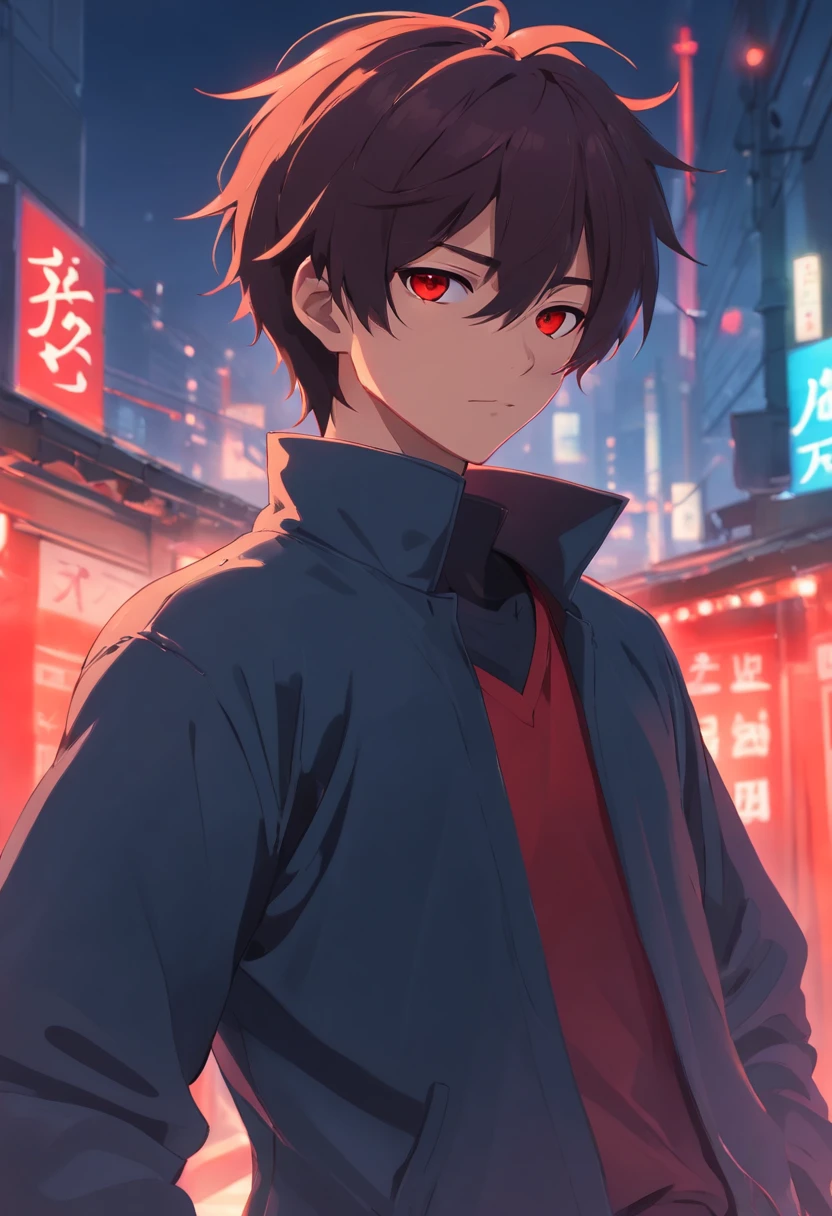 1homme, , visage froid, yeux rouges, tenue ninja noir et rouge, masque Rouge, chemise noir, Pantalon noir,