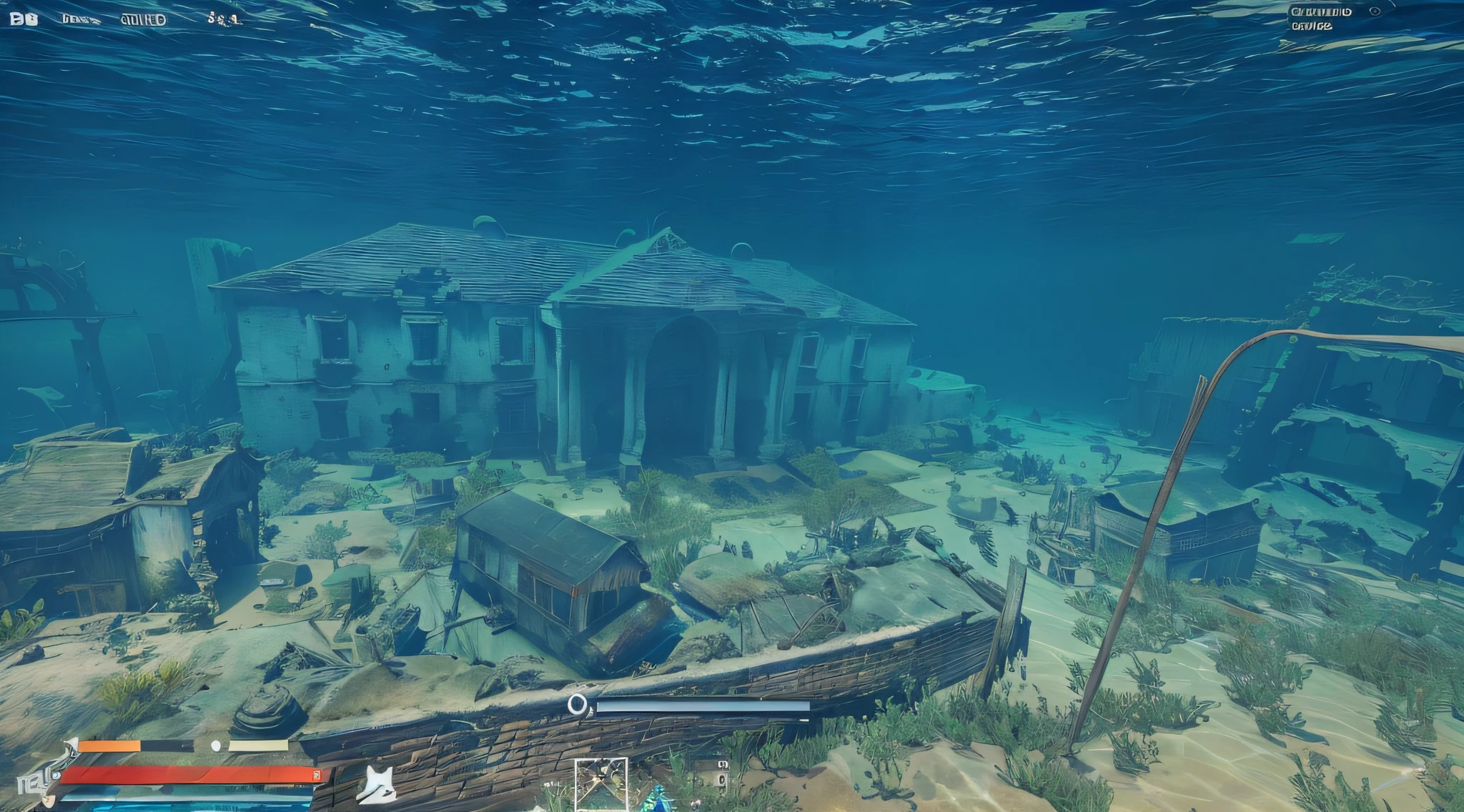 There is a house on the water with a boat in front of you, submerged underwater, near crystal temple in atlantis, cena do templo submerso, underwater home, an underwater city, underwater market, underwater city, Underwater temple, sinking underwater, Templo submarino, navio afundado, underwater environment, Captura de tela do PC, Underwater sanctuary, Captura de tela do videogame>, in a underwater horror scene