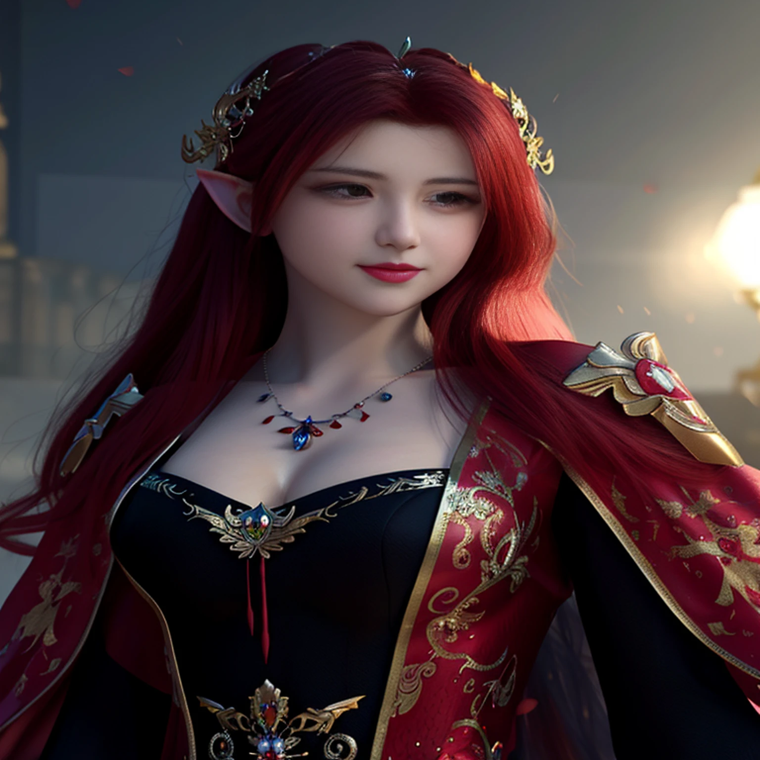 a close up of a woman with red hair wearing a red and gold dress, a beautiful fantasy empress, 3 d render character art 8 k, beautiful and elegant elf queen, 8k high quality detailed art, 2. 5 d cgi anime fantasy artwork, stunning character art, beautiful character painting, 8k portrait render, ((a beautiful fantasy empress)), hyperdetailed fantasy character