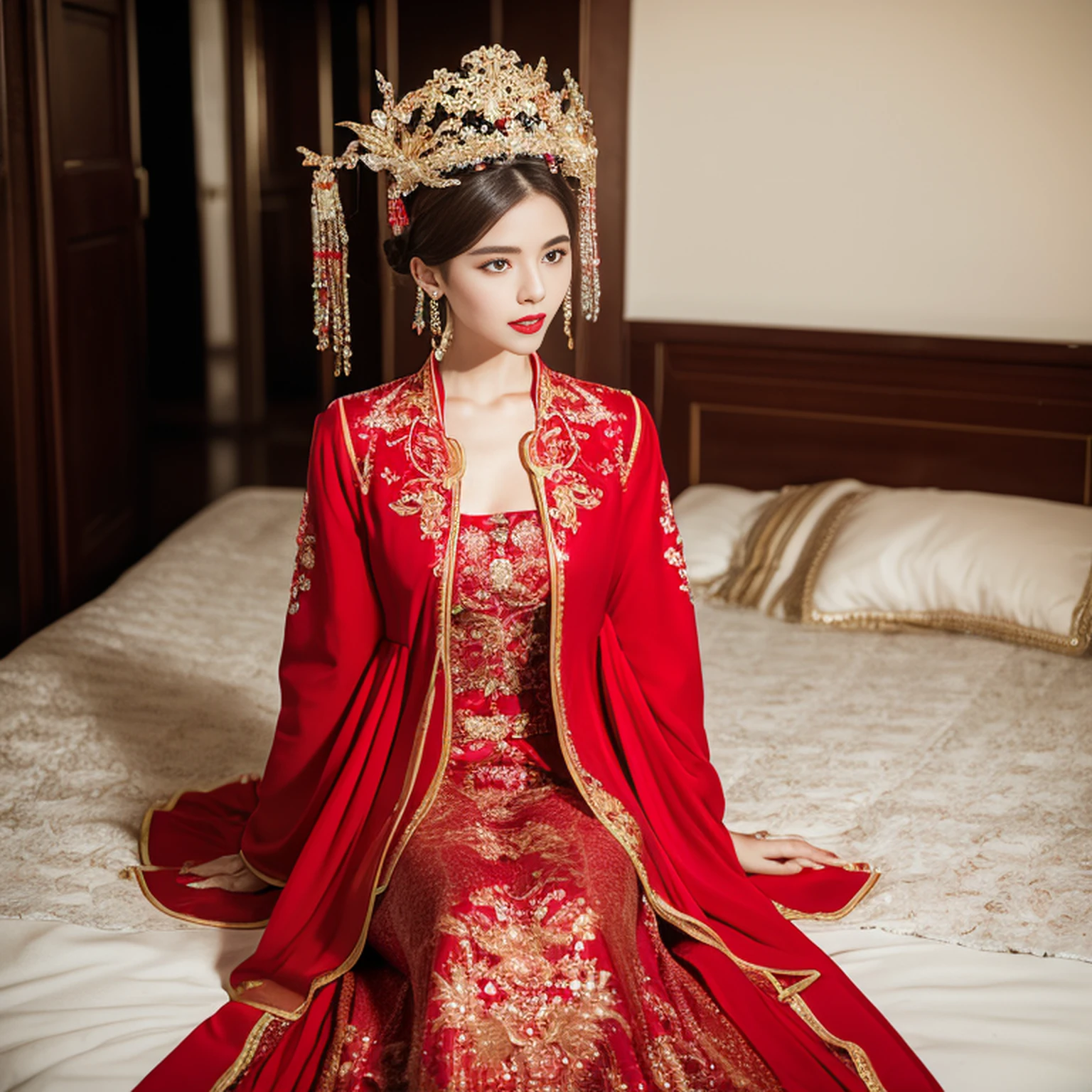 Ancient China, Tang Dynasty, a woman wearing a red dress of shiny silk, smooth and transparent, sitting in a beautifully decorated bridal chamber on a bed during a Hanfu wedding ceremony, leaning on her body to support her husband.