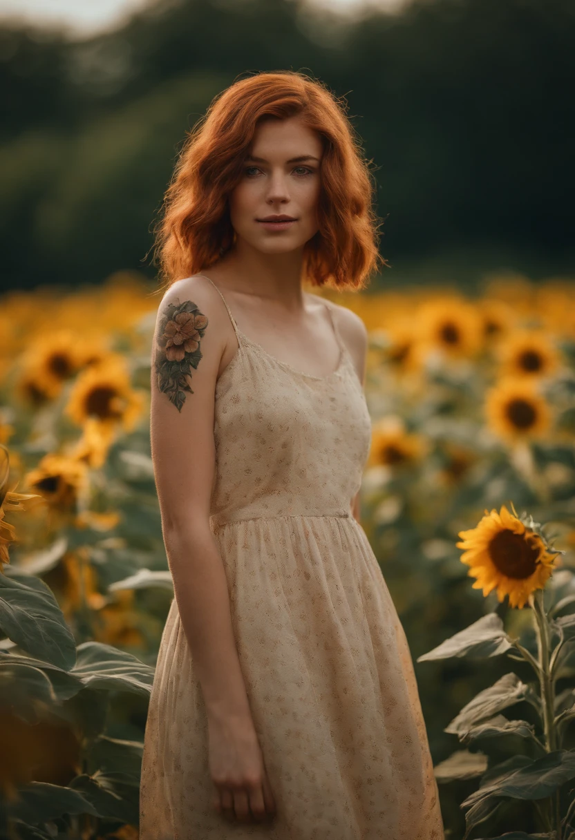 1girl, 20 years old, reddish hair, from germany, full body, close-up, looking at viewer, standing, friendly shy smile, depth of field, tattoo, wearing transparent summer dress, baby doll style, sunflower field