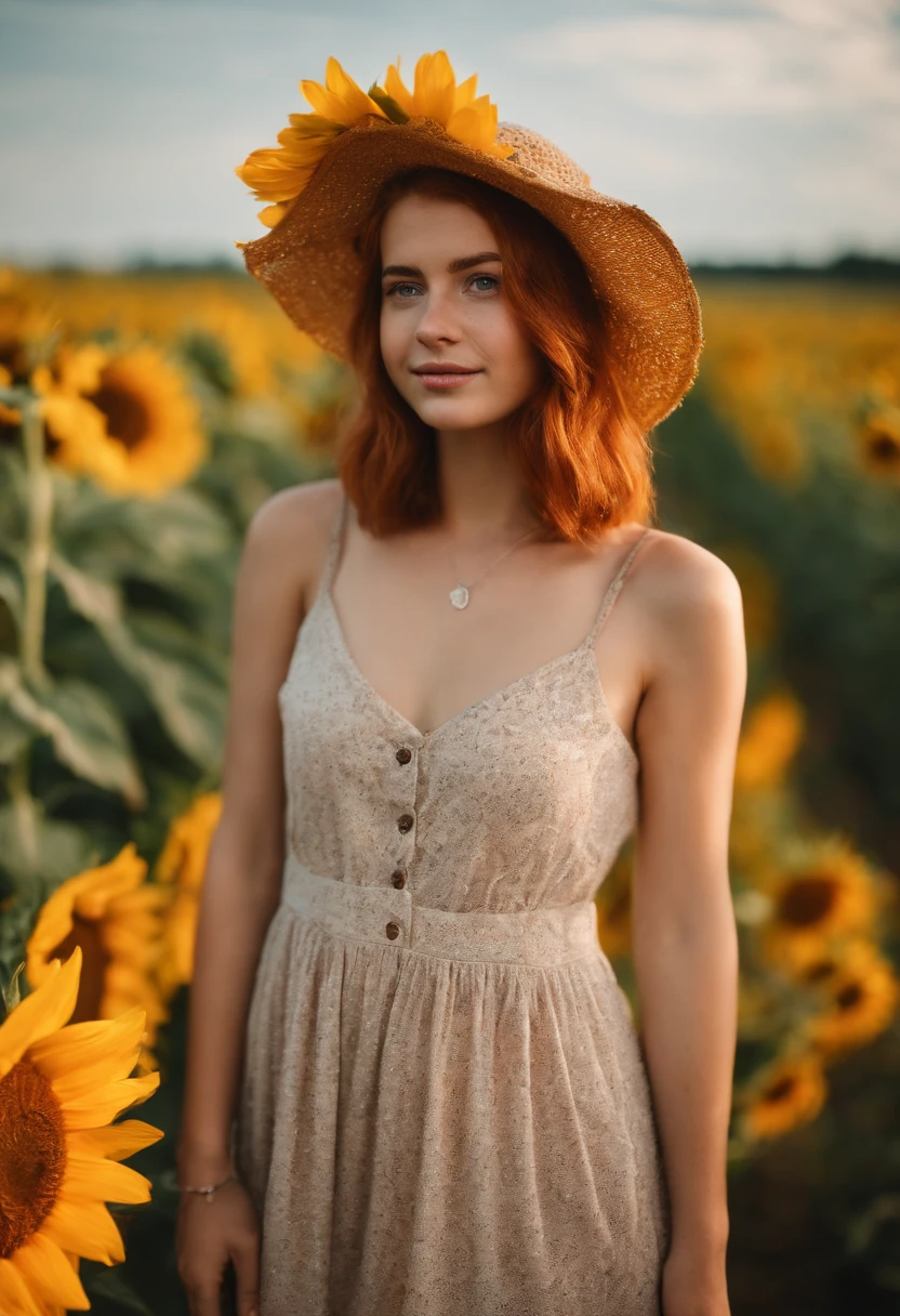 1girl, 20 years old, reddish hair, from germany, full body, close-up, looking at viewer, standing, friendly shy smile, depth of field, tattoo, wearing transparent summer dress, doll style, sunflower field