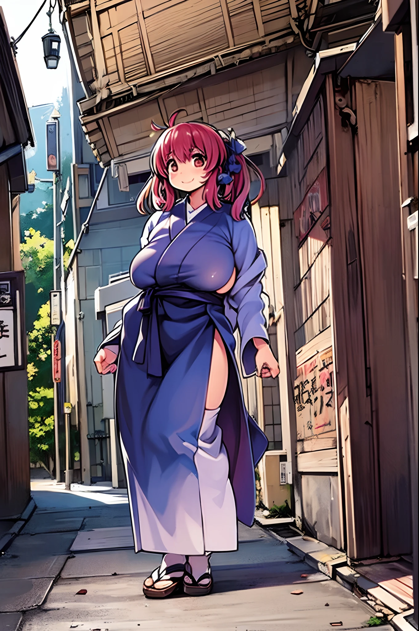 Tanuki Woman、body covered with fur、huge-breasted、kawaii、shrine maiden、Japan white clothes,Red Hakama、torii gate,summer day、From below、Wide Shot、raccoon dog