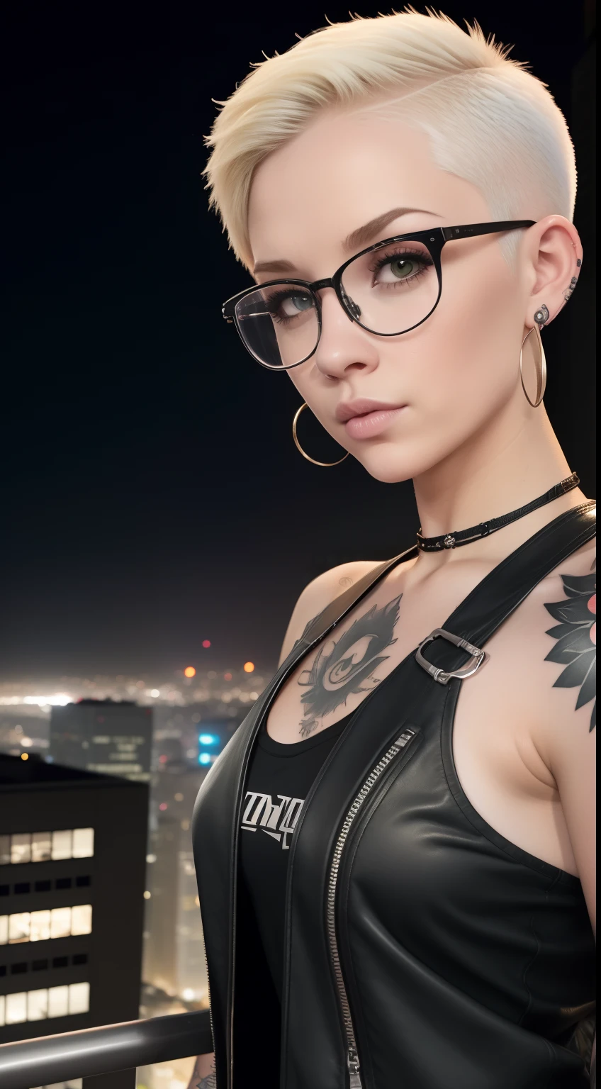 Girl, Riley Nixon haircut, shaved hair, Blonde hairstyle, Very short hair, Bald,, White vest shirt, Red Moon tattoo, Tattoo on the right arm, Wearing glasses, Blonde hairstyle, Riley Nixon haircut, Lipstick Black, Piercings in the face, On a skyscraper, looking at viewert, Storm City, 4K