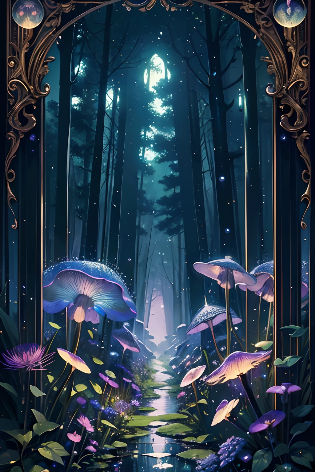 Vintage Victorian style　Precise vintage encyclopedia (best quality:1.2), (detailed:1.2), (masterpiece:1.2), vintage illustrations of magical forest at night, botanical, ((without people)) ((nobody)) iridescent light, raindrops, moonlight, glowing plants and mushrooms,