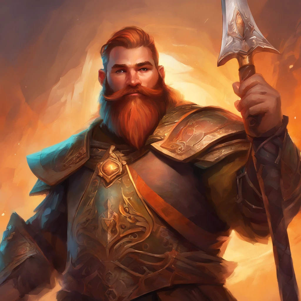 Warhammer style dwarf with copper hair and beard. Hand Axe and shield