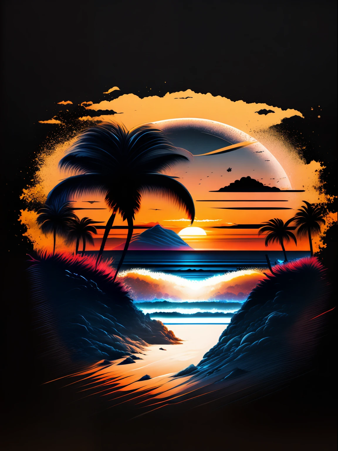 sunset at the beach，Pristine white sand，(with black background:1.6)，Epic composition，T-shirt design，rzminjourney，vectorial art