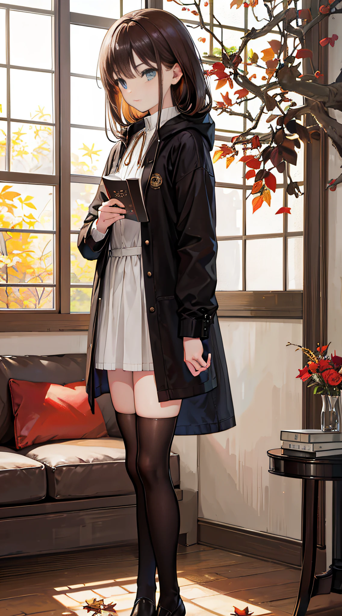 (Best quality,4K,8K,A high resolution,Masterpiece:1.2),Ultra-detailed,(Realistic,Photorealistic,photo-realistic:1.37),A girl with shoulder-length brown hair and amber eyes,Wear a hooded black jacket,Brown stockings,and black knee-length boots,standing in living room,Realistic lighting illuminates the entire picture, On the sofa in the living room was an open book。,Next to the book is a cup of hot coffee,Through the window,You can see the autumn gold leaves outside covering the entire garden,The picture is soft in tone,Mainly warm colors,Presents a tranquil and warm atmosphere。