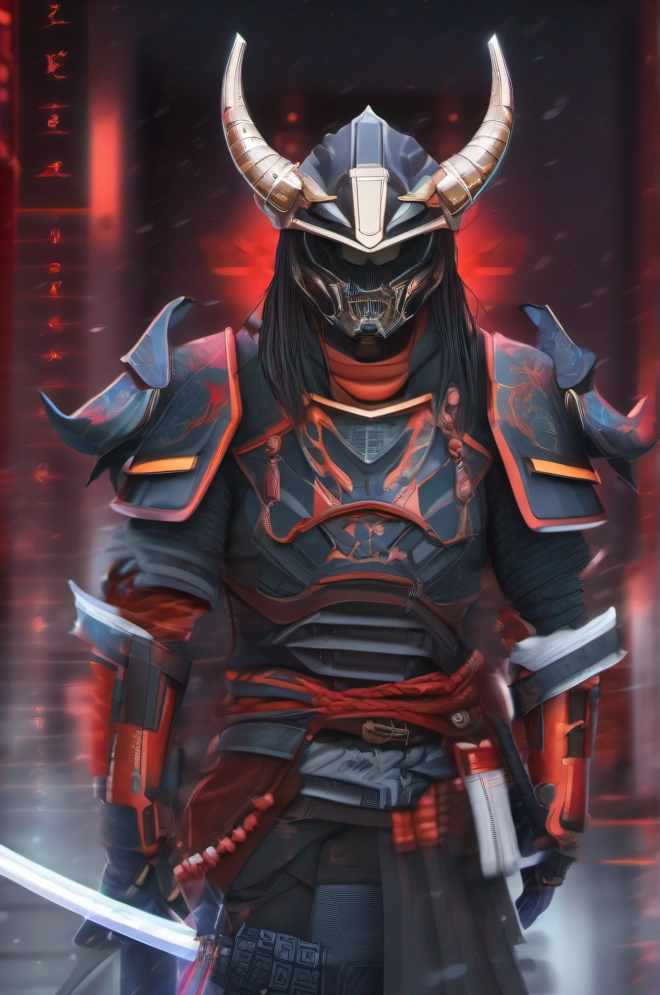 anime style, anime samurai, with modern sci-fi clothes and armor, with a futuristic japanese demon mask