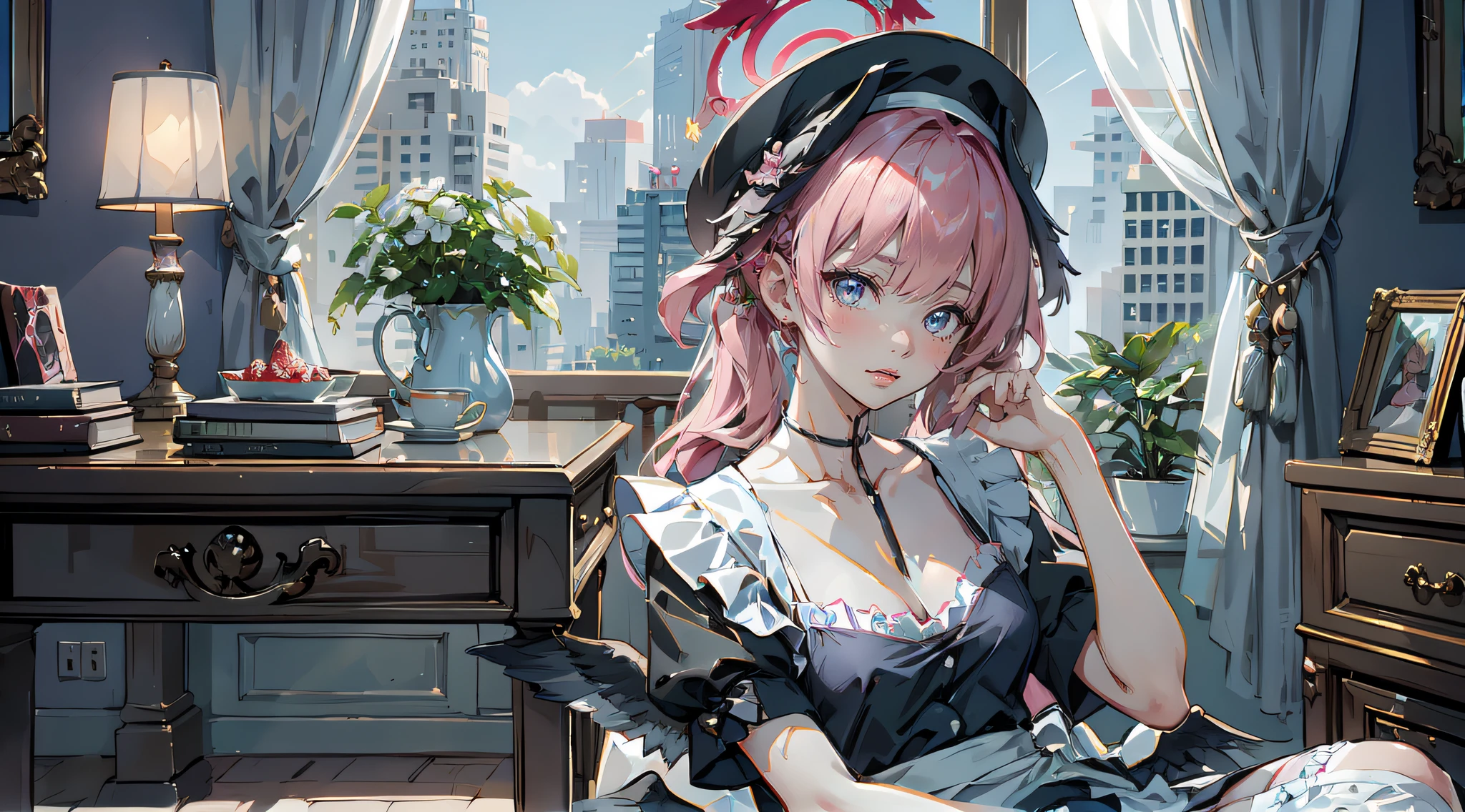 masterpiece, best quality, ultra-detailed, illustration, warm lighting, bright colors, 1girl,solo, long hair, very long hair, chifuyu, blue eyes, bangs, hair_flower, hair_ornament, hair_over_eyes, 1girl, apron, black_bow, black_bowtie, white_dress, blinds, book, bow, bowtie, (cleavage:1.5), closed_mouth, clothing_cutout, cup, dress, frilled_dress, frills, fruit, full_body, garter_straps, hair_twirling, hand_on_own_thigh, hand_up, indoors, lamp, 1 legs,1 legs_up, long_hair, looking_at_viewer, maid, maid_apron, no_shoes, panties, puffy_short_sleeves, puffy_sleeves, short_sleeves, sitting, solo, stirrup_legwear, thighhighs, thighs, underwear, white_apron, white_garter_straps, white_panties, white_thighhighs, legs together, pointed legs, bent leg,((Koharurnd)),bad-girl,mature female