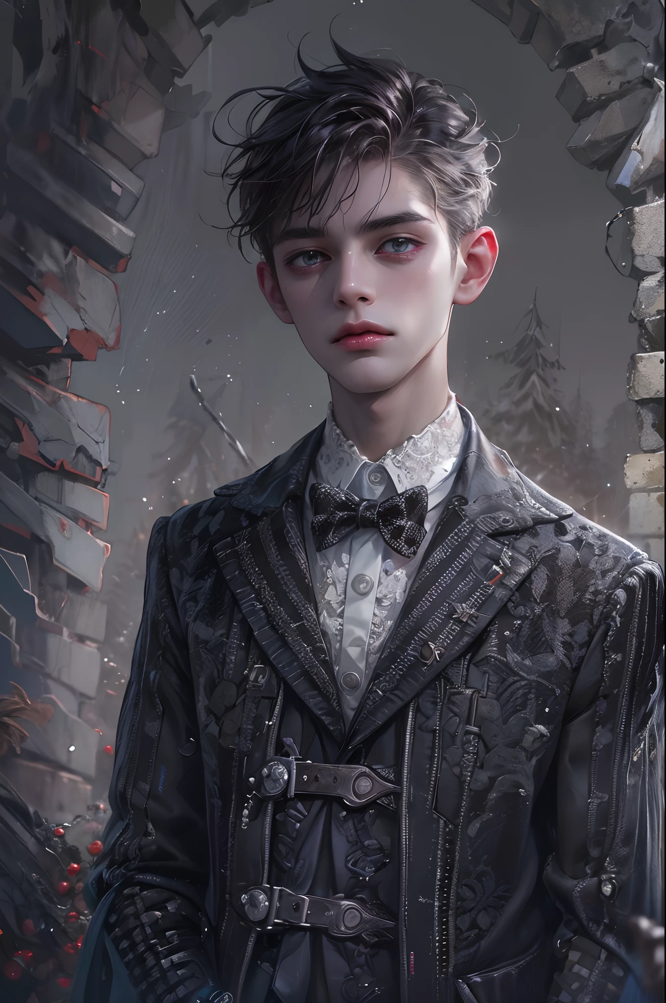 (absurdres, highres, ultra detailed, HDR), masterpiece, best quality, Nightmare before Christmas character, a handsome lonely boy, 1 boy, short hair, detailed background