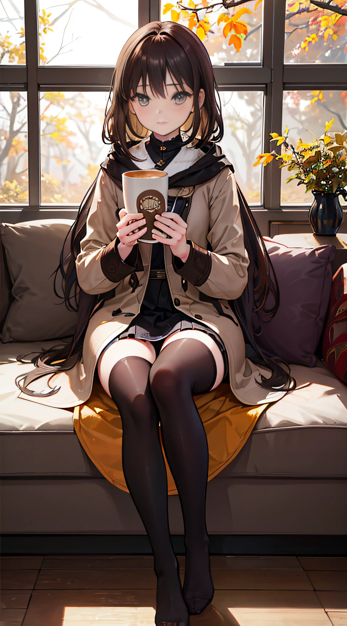 (Best quality,4K,8K,A high resolution,Masterpiece:1.2),Ultra-detailed,(Realistic,Photorealistic,photo-realistic:1.37),A girl with shoulder-length brown hair and amber eyes,Wear a hooded black coat,Brown stockings,and black knee-length boots,standing in living room,Photorealistic light illuminates the entire picture, On the sofa in the living room was an open book,Next to the book is a cup of hot coffee,Through the window,You can see the golden leaves of autumn outside covering the entire garden,The picture is soft in tone,Mainly warm colors,Presents a peaceful and warm atmosphere。