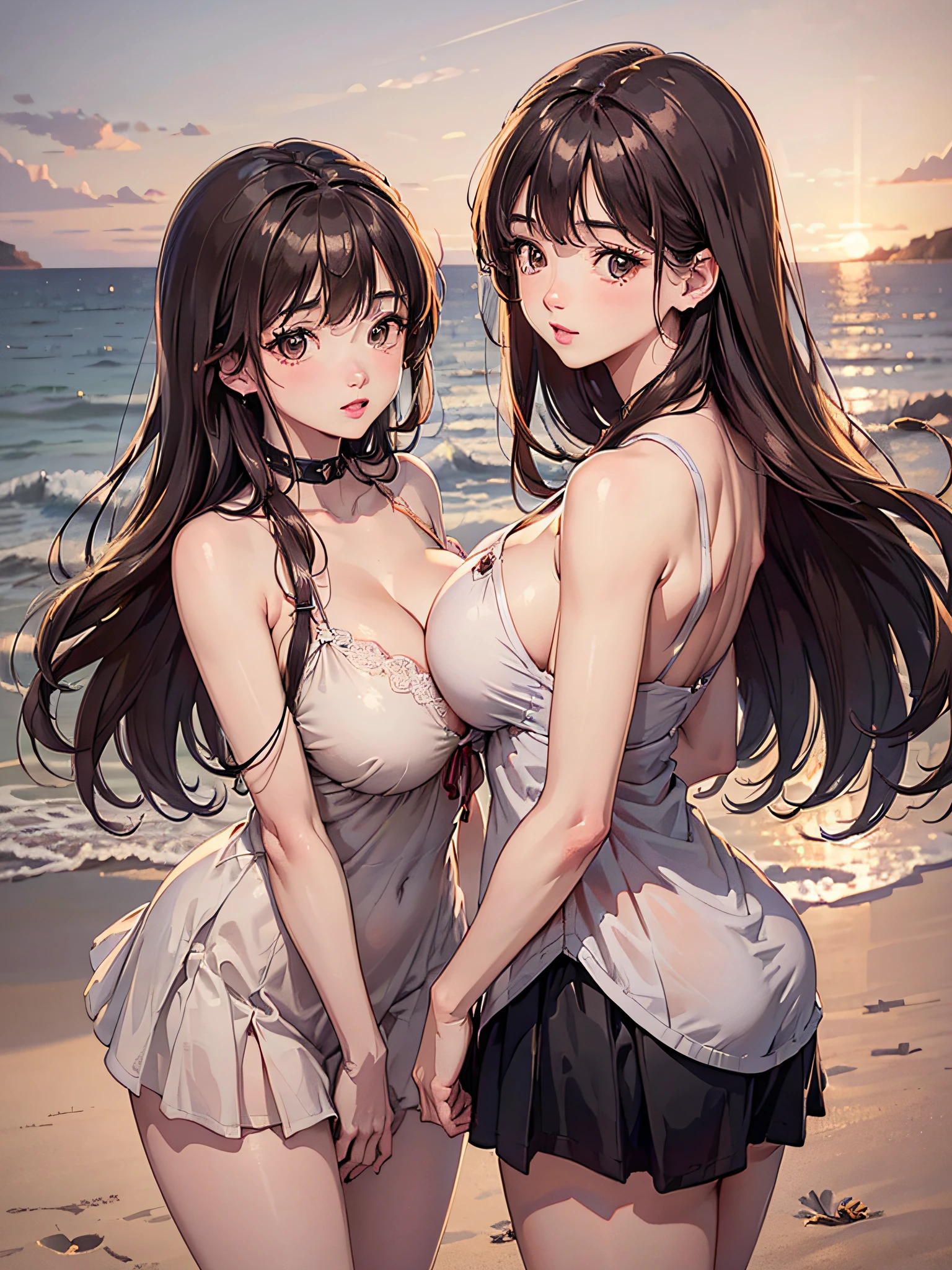 (2young girls), (best quality), (ultra-detailed), illustration, (detailed light), (an extremely delicate and beautiful), brown hair, brown eyes, model, (Beautiful big breasts), bare shoulders, best quality, extremely detailed CG unified 8k wallpaper, High-definition raw color photos, professional photography, (((Bokeh))), depth of fields, beach, sea, twilight, sunset,