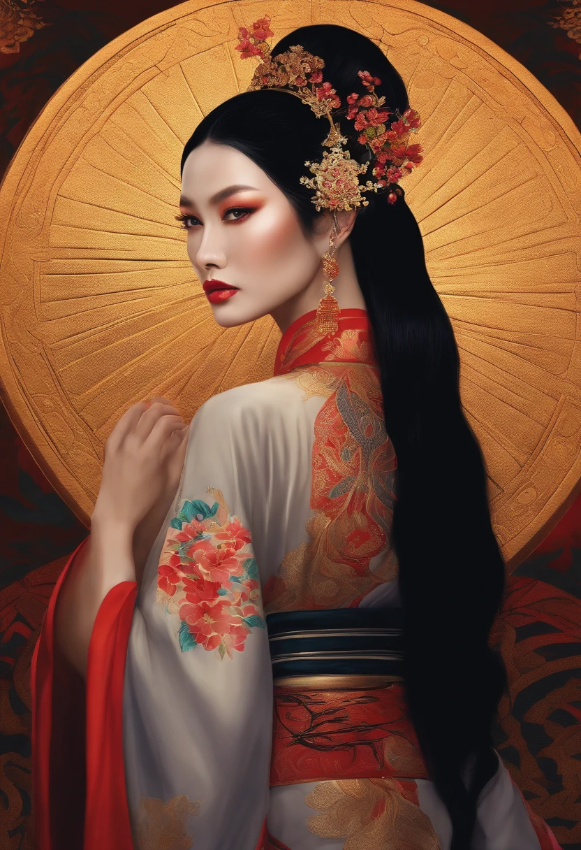 Woman with black hair, high cheekbones, Japanese priestess outfit