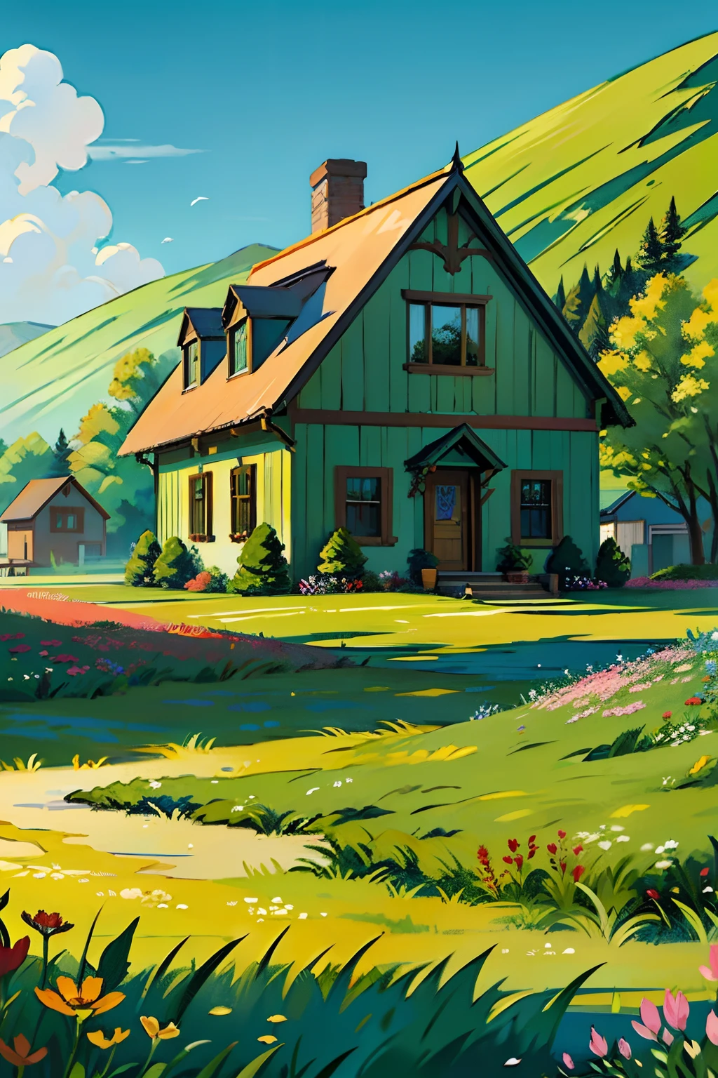 A painting of a springtime landscape, open field, green grass, wild flowers, a new house, day light.