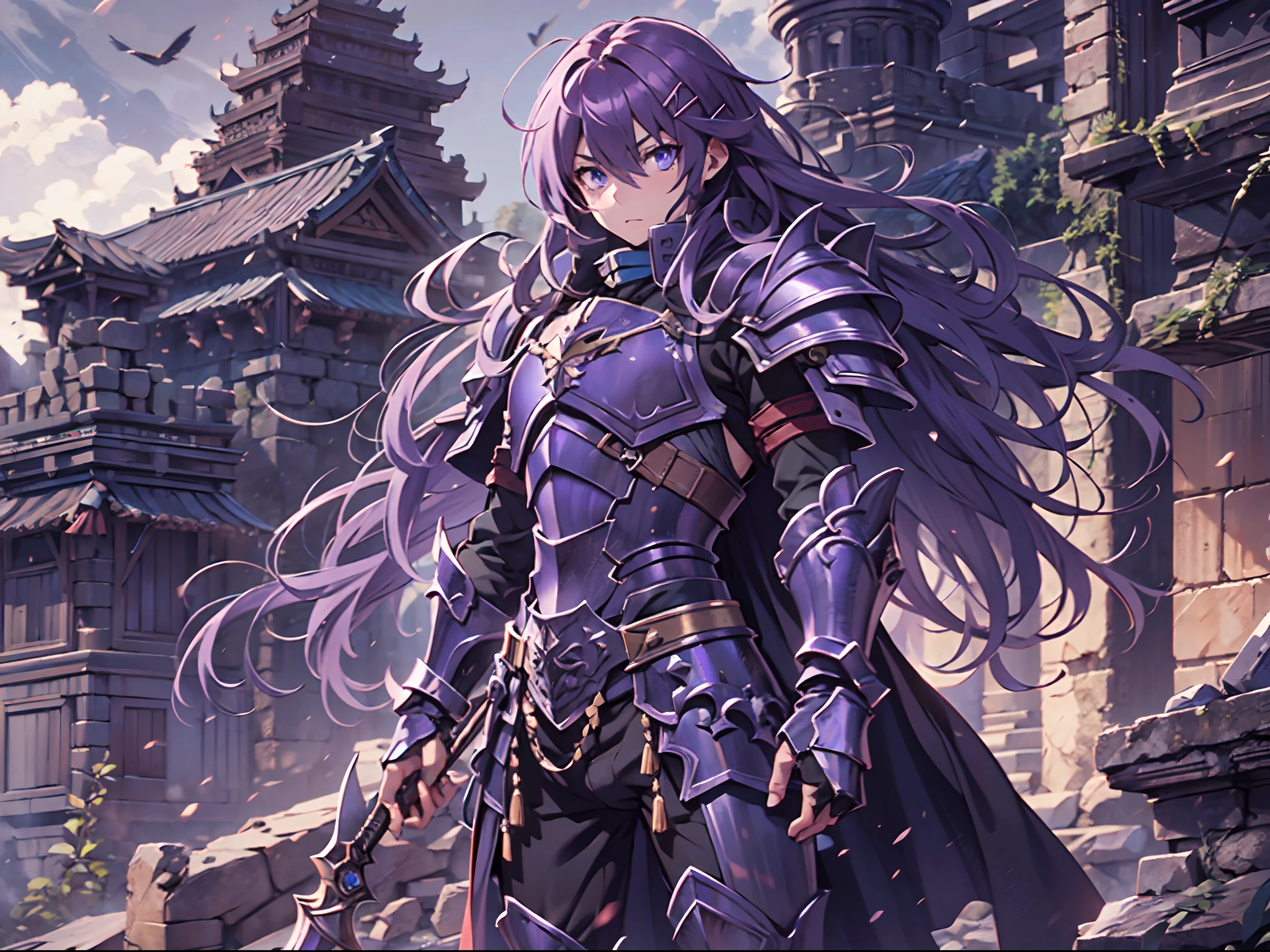 Ultra High Definition, Ultra High Quality, Extremely Detailed, 8k, 1 Boy, Rudeus Greyrat From Mushoku Tensei Anime, Handsome, Armored With War General Armor, Pure Purple Pupil Eyes, Long Haired Tied With Chinese Hairpin, Body To Legs Body Shot, Ancient Ruins Background,