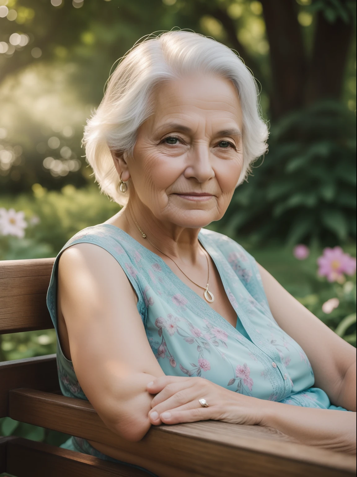 A personal portrait of a very beautiful old woman sitting on a wooden bench in a lush park on a sunny day. Captured with a Sony α7 III camera and a 85mm lens at F 1.2 aperture, the background is blurred to isolate the subject. The park is filled with vibrant greenery and colorful flowers, providing a natural and peaceful atmosphere. Dreamy lighting creates a soft and warm glow that gently illuminates the subject's features, enhancing her natural stunning and peaceful beauty. The image is shot in photorealism mode to deliver an ultra-realistic image that truly captures the subject's unique personality.