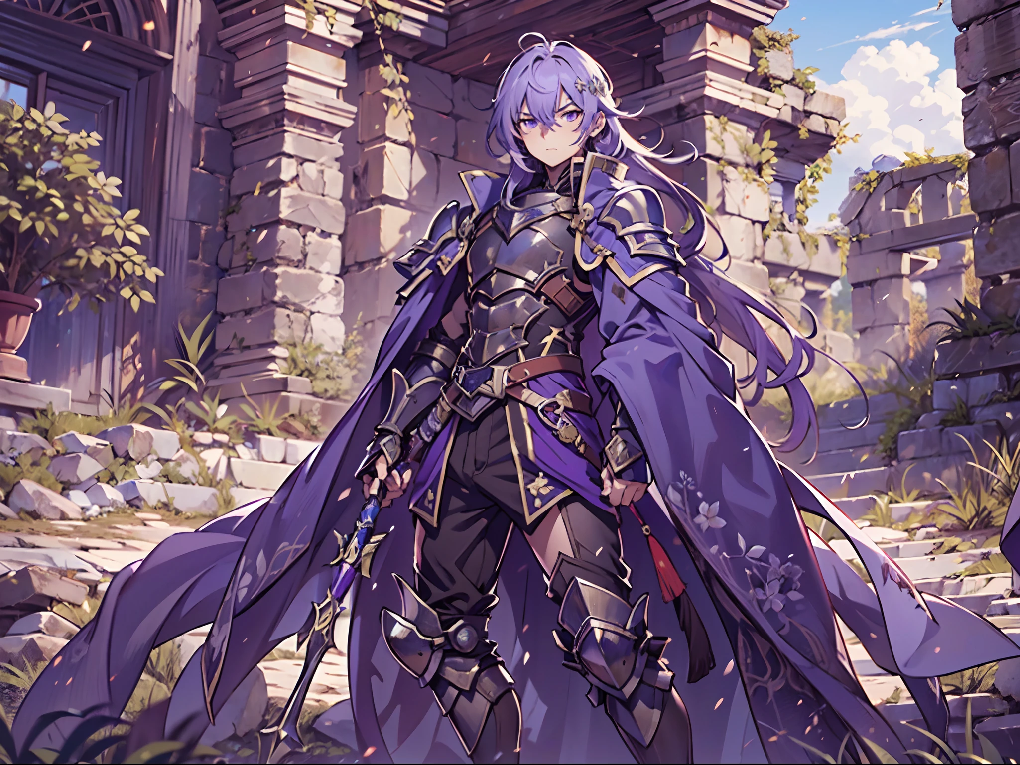 Ultra High Definition, Ultra High Quality, Extremely Detailed, 8k, 1 Boy, Rudeus Greyrat From Mushoku Tensei Anime, Handsome, Armored With War General Armor, Pure Purple Pupil Eyes, Long Haired Tied With Chinese Hairpin, Body To Legs Body Shot, Ancient Ruins Background,