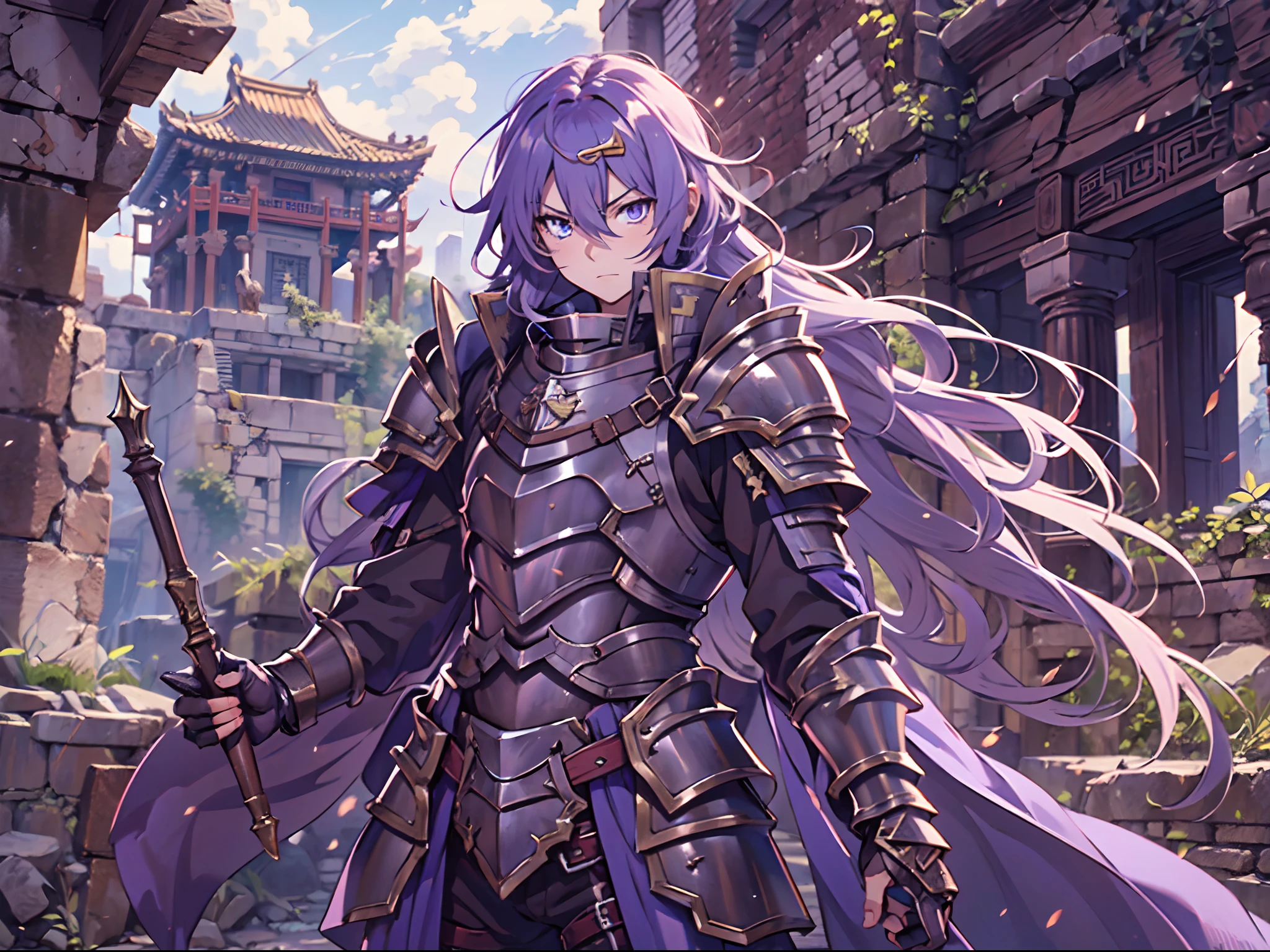 Ultra High Definition, Ultra High Quality, Extremely Detailed, 8k, 1 Boy, Rudeus Greyrat From Mushoku Tensei Anime, Handsome, Armored With War General Armor, Pure Purple Pupil Eyes, Long Haired Tied With Chinese Hairpin, Body To Legs Body Shot, Ancient Ruins Background,