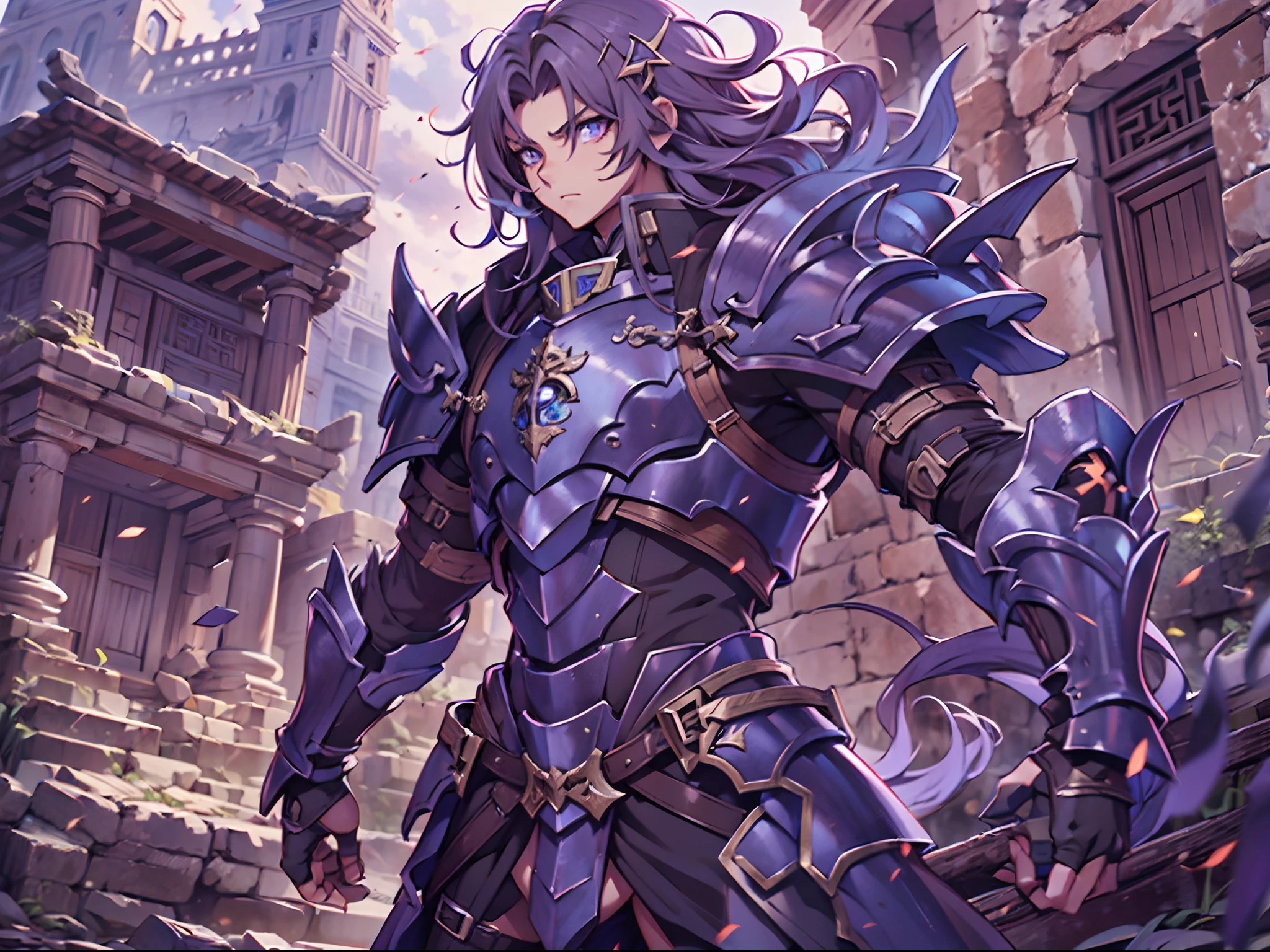 Ultra High Definition, Ultra High Quality, Extremely Detailed, 8k, 1 Boy, Rudeus Greyrat From Mushoku Tensei Anime, Handsome, Armored With War General Armor, Pure Purple Pupil Eyes, Long Haired Tied With Chinese Hairpin, Body To Legs Body Shot, Ancient Ruins Background,