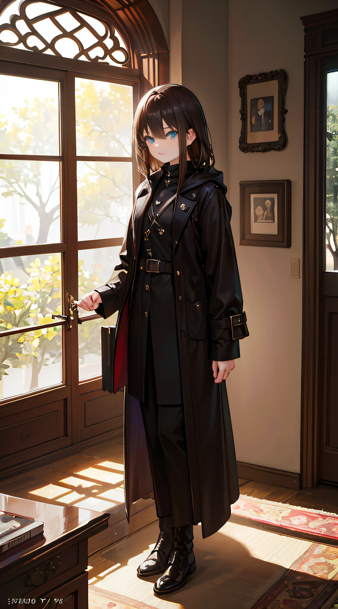 A girl with shoulder-length brown hair and amber eyes, Wears a black trench coat with a hood, Brown stockings, and black knee-length boots, standing in living room.
(Best quality,4K,8K,A high resolution,Masterpiece:1.2), Ultra-detailed, (Realistic,Photorealistic,photo-realistic:1.37), hdr, hyper HD, Studio lighting, Extreme detail description, professional, Vivid colors, Bokeh, sportrait, comfortable atmosphere, Warm color tones, Soft natural lighting, vintage decor, Comfortable sofa, wooden coffee table, Book and plant bookshelf, Natural sunlight through the windows.