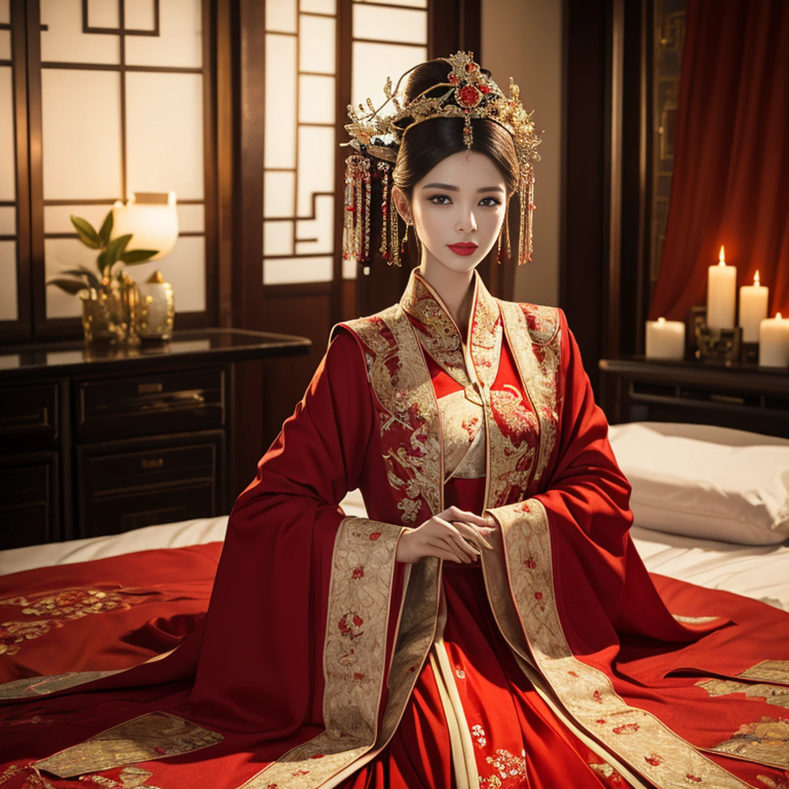 (ultrarrealista 8k CG: 1.2), Perfect artwork, delicate patterns, detalhes intrincados, (Unparalleled masterpiece, melhor qualidade: 1.2), (extremamente complexo: 1.2), uma mulher em um vestido vermelho e dourado, Phoenix Crown, palito de cabelo, (sentado em uma cama vermelha), maquiagem, corar, timidez, preto_Hair, olhando para baixo, cosmetics, (ponto da testa), (2 velas vermelhas), Chinese_Clothes, Cortinas, Brincos, Hair_enfeite,Hanfu, interior, jewelries, unhas vermelhas, Longas_Mangas, vestido vermelho, red lips, Borlas, (Colcha vermelha), (red palace: 1.2), (arquitetura chinesa antiga), (vermelho: 1.8), Noite