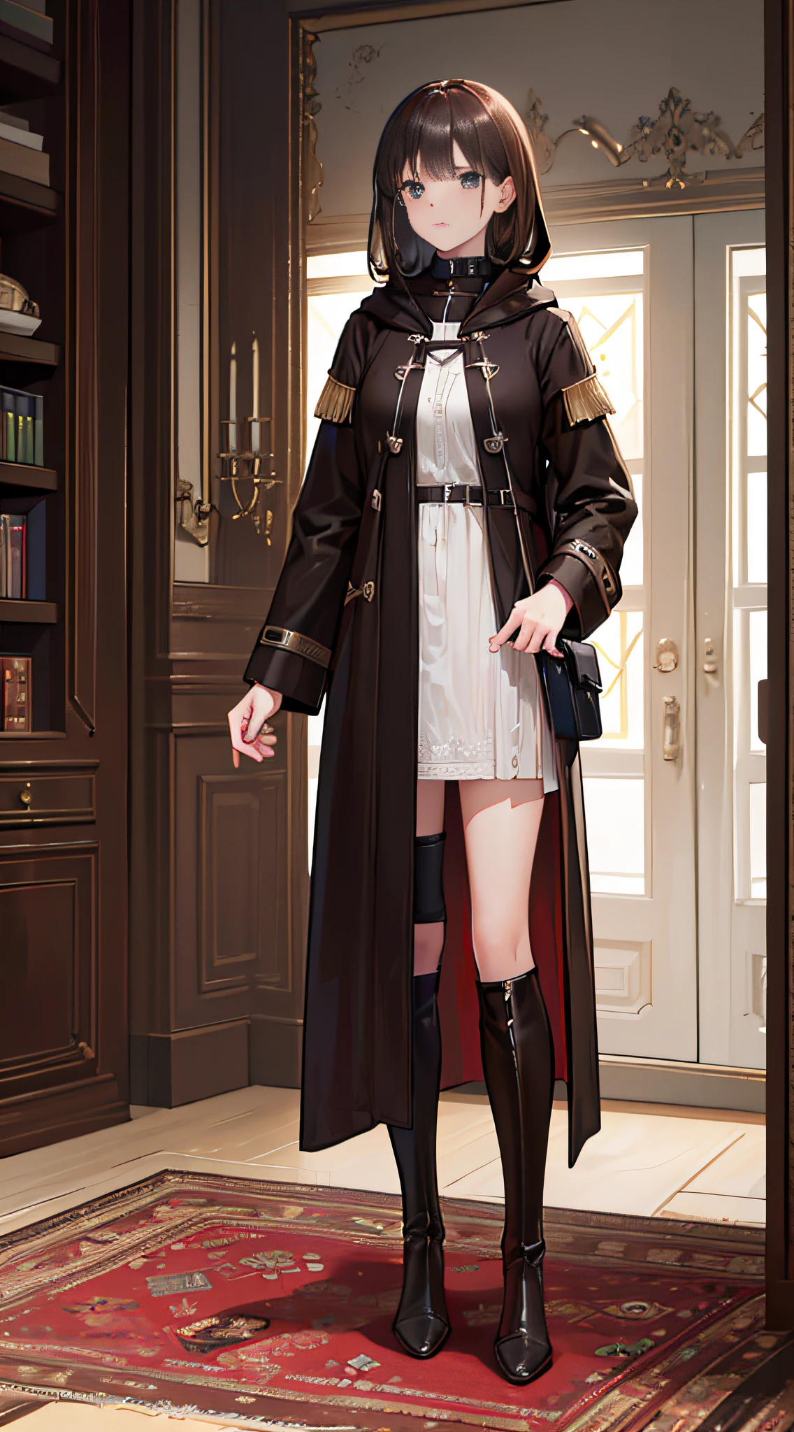 (best quality,4k,8k,highres,masterpiece:1.2),ultra-detailed,(realistic,photorealistic,photo-realistic:1.37),A girl with shoulder-length brown hair and amber eyes, wearing a hooded black coat, brown stockings, and black knee-high boots, standing in a living room.