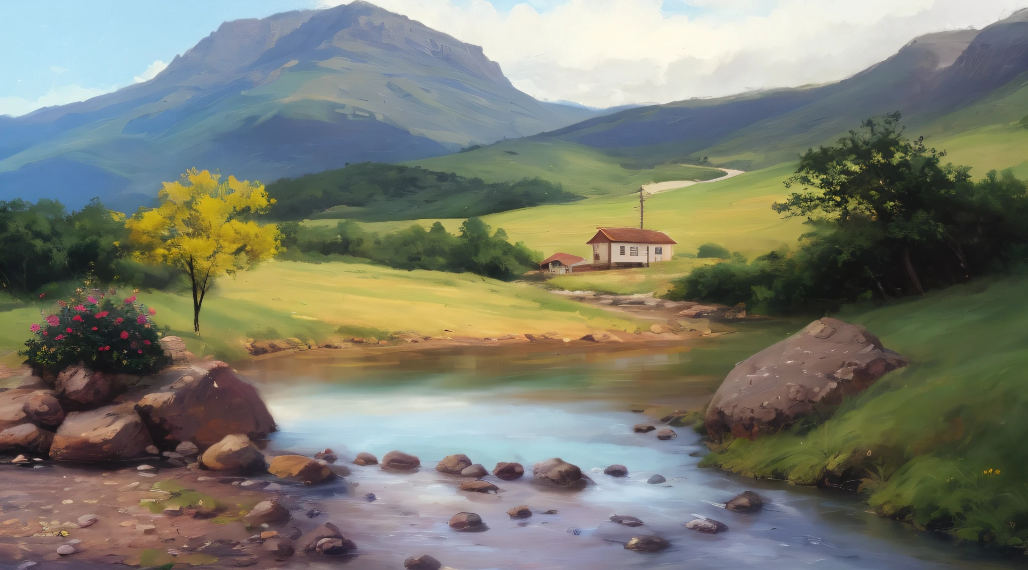 pintura de uma pequena casa , with a stream running crystal clear waters, montanhas ao fundo,super realista,8k