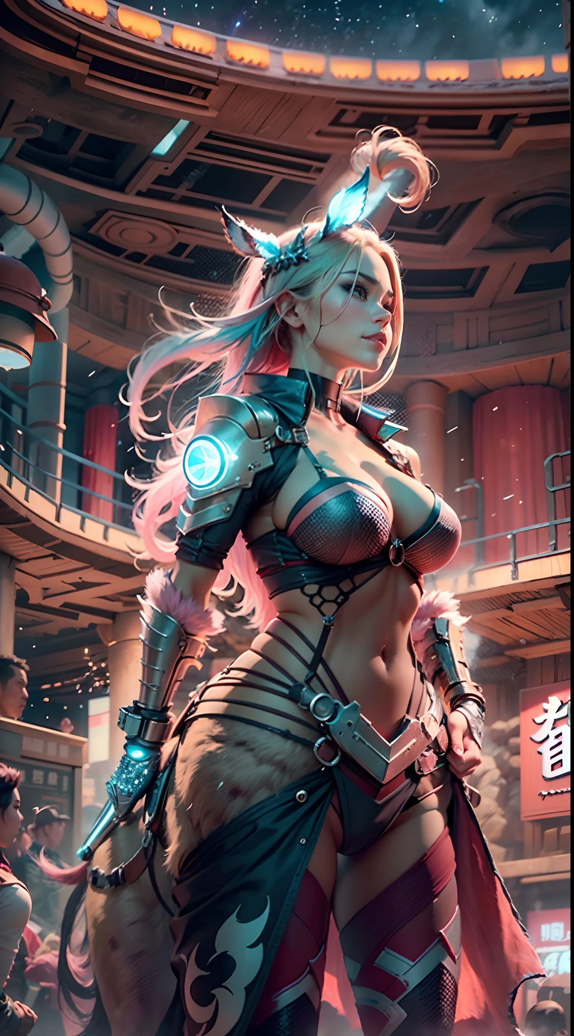 In a very grand scene，The extra-large wide-angle lens captures the appearance of a female centaur。（She is traveling through the stars：9.9），She is tall，It has the ultimate curvy beauty，The muscles are slender and firm，Beautiful lines。Her facial features are tough and coquettish，Always with a sunny smile。She wears special tight-fitting equipment with a strong sense of technology，Step on multifunctional off-road style heels，Delicate and practical protective gear is worn on the hands, feet, wrists, neck and shoulders。The detection equipment around you flashes various cue lights and neon-like information screens，Let her exude a charming brilliance。Use Midjourney's advanced tools，Design special tight-fitting equipment for female centaurs，Highlight her unique physiological characteristics and appearance details，Add realism。And in her adventure scene，Spectacular views of nature，Such as the sky where storms and sunny days alternate、Brilliant rivers of stars and auroras、The snow-capped summit of Mount Everest、Fireworks in the mountain town, etc。ao mesmo tempo，Away from the hustle and bustle of Long Beach Pier is a neon-lit spaceship docked，Create a fantastic scene。Use Midjourney's advanced tools and multiple color palettes、Brush Strokes、Texture tools and model packages，It shows a sense of atmosphere where beauty and charm coexist。The charm of the female centaur is highlighted through color and lines，Enhance realism with detailing，Create a surreal dreamy feeling。Additionally，Use Midjourney's tools to add a variety of extreme sports gear and cultural trinkets to the female centaur，Create intricate hairstyles and outfits，Give her a sense of premium。She never flinches，Regardless of the terrain，can respond quickly，Even the extreme geography and dangerous terrain of aliens cannot stop her。Use Midjourney's powerful tools，You can do it with incredible detail and beauty，Bring this ultra-grand and beautiful scene to life。Ultra-grand scenes，super wide shot， hdr，（真实感，Masterpiece quality，