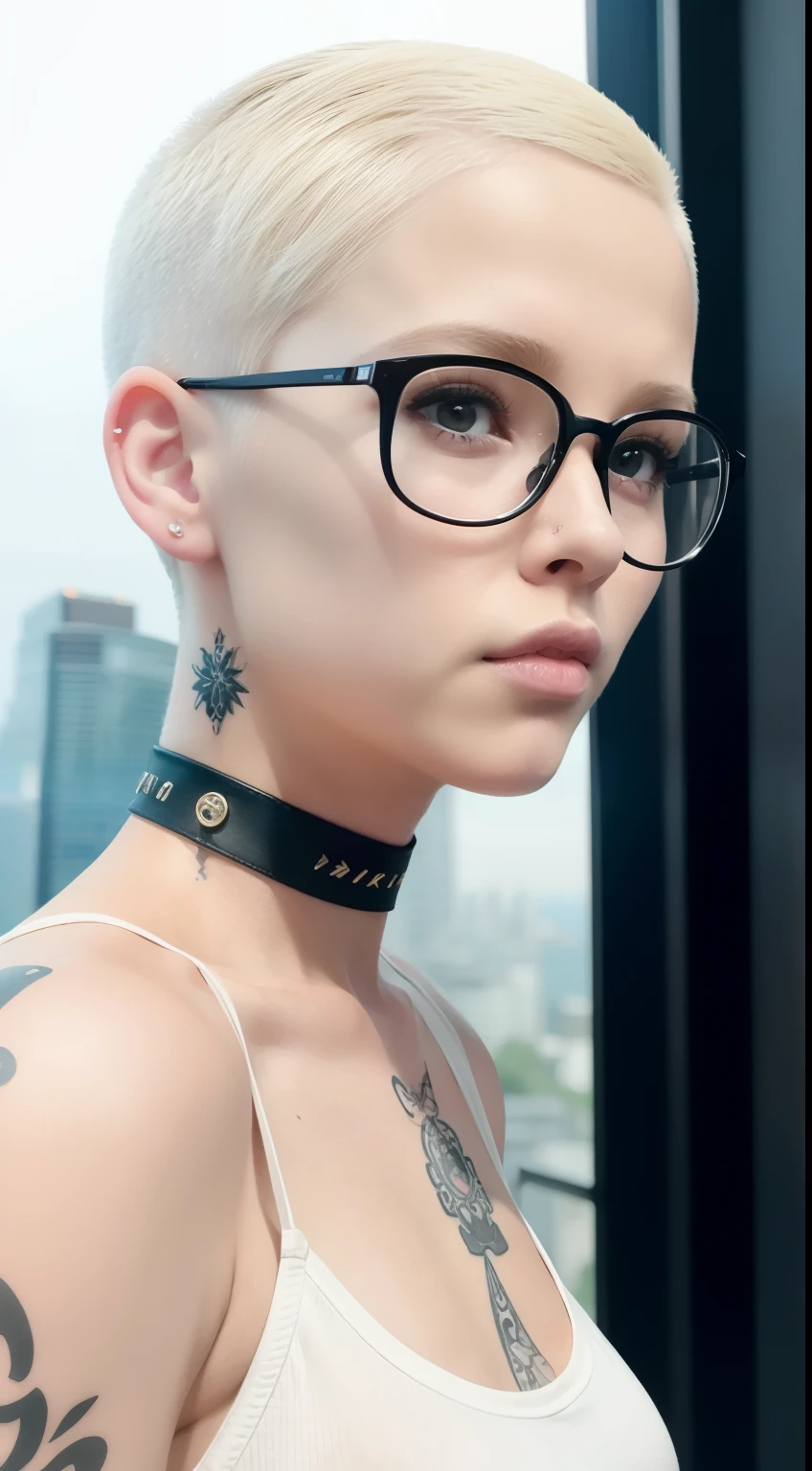 Girl, Riley Nixon haircut, shaved hair, Blonde hairstyle, Very short hair, Bald,, White vest shirt, Red Moon tattoo, Tattoo on the right arm, Wearing glasses, Blonde hairstyle, Riley Nixon haircut, Lipstick Black, Piercings in the face, On a skyscraper, looking at viewert, Storm City, 4K
