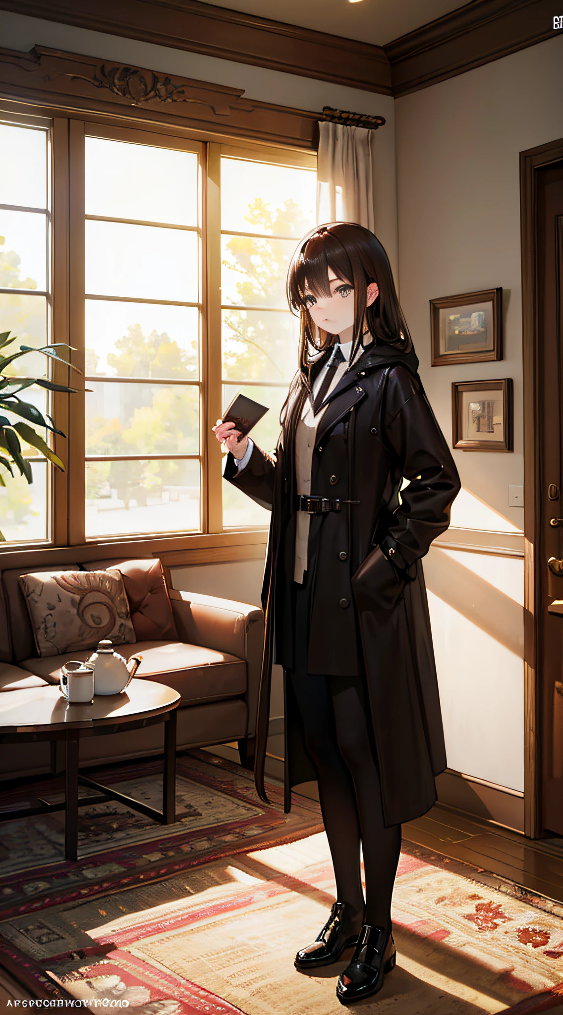 A girl with shoulder-length brown hair and amber eyes, Wears a black trench coat with a hood, Brown stockings, and black knee-length boots, standing in living room. 
(Best quality,4K,8K,A high resolution,Masterpiece:1.2), Ultra-detailed, (Realistic,Photorealistic,photo-realistic:1.37), hdr, hyper HD, Studio lighting, Extreme detail description, professional, Vivid colors, Bokeh, sportrait, comfortable atmosphere, Warm color tones, Soft natural lighting, vintage decor, Comfortable sofa, wooden coffee table, Bookshelves for books and plants, Natural sunlight through the windows.