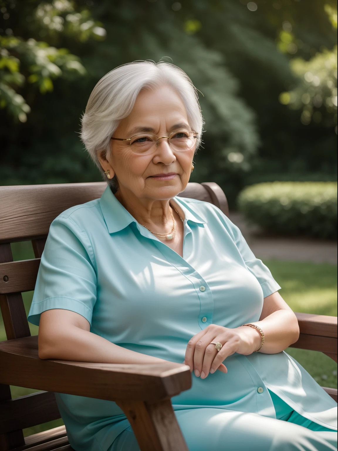 A personal portrait of a beautiful old woman sitting on a wooden bench in a lush park on a sunny day. Captured with a Sony α7 III camera and a 85mm lens at F 1.2 aperture, the background is blurred to isolate the subject. The park is filled with vibrant greenery and colorful flowers, providing a natural and peaceful atmosphere. Dreamy lighting creates a soft and warm glow that gently illuminates the subject's features, enhancing her natural beauty. The image is shot in photorealism mode to deliver an ultra-realistic image that truly captures the subject's unique personality.