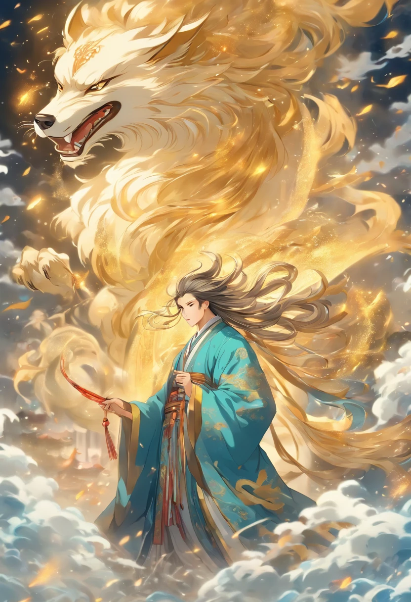 An ancient Chinese scholar，Holding a golden wolf howling brush，Writing is in full swing，Transparent glowing golden Chinese characters hovered in midair，Vertical text，glittery，There are also long scrolls that spin in the wind，The scholar wears a blue robe，Long flowing hair flutters in the wind，16k, hyper HD, high resolution, Very detailed, Best image quality,dynamicposes，Dense Chinese characters，Multi-paper papers floated，