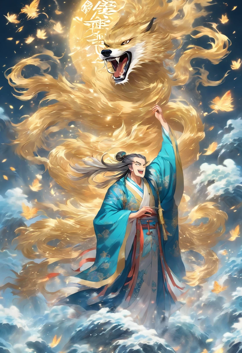 An ancient Chinese scholar,Holding a golden wolf howling brush,Writing is in full swing,Transparent glowing golden Chinese characters hovered in midair,Vertical text,glittery,There are also long scrolls that spin in the wind,The scholar wears a blue robe,Long flowing hair flutters in the wind,16k, hyper HD, high resolution, Very detailed, Best image quality,dynamicposes,Dense Chinese characters,Multi-paper papers floated,