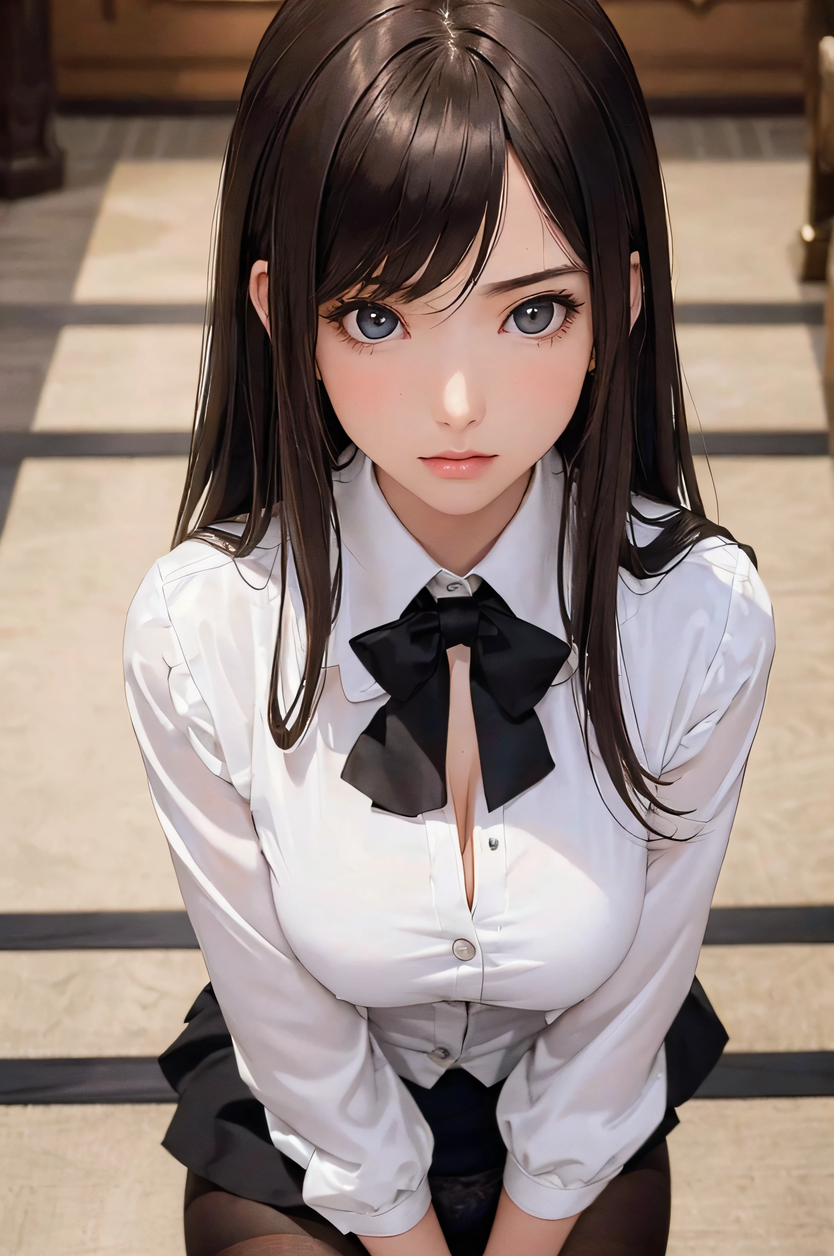(1girl 24 years old:1.3), (photorealistic:1.4), (masterpiece, top quality, best quality, official art), extreme detailed, highest detailed, (ultra-detailed), ((an extremely delicate and beautiful)), cinematic light, (realisticlying:1.3), (highdetailskin:1.2), high resolution, 8K UHD, 4K, 8K, Bokeh, digital SLR camera, absurderes, Optimal proportions of four fingers and one thumb,
((silky long hair)), (brown hair), beautiful face, perfect face, highly detailed beautiful face,
Cute, shy,
walk around town, midnight,
dynamic angle, from above,
((Wearing a black formal blazer)), ((white blouse with collar)), cleavage, skirt, lacepantyhose, blue underwear,
open legs a little, kneel down,