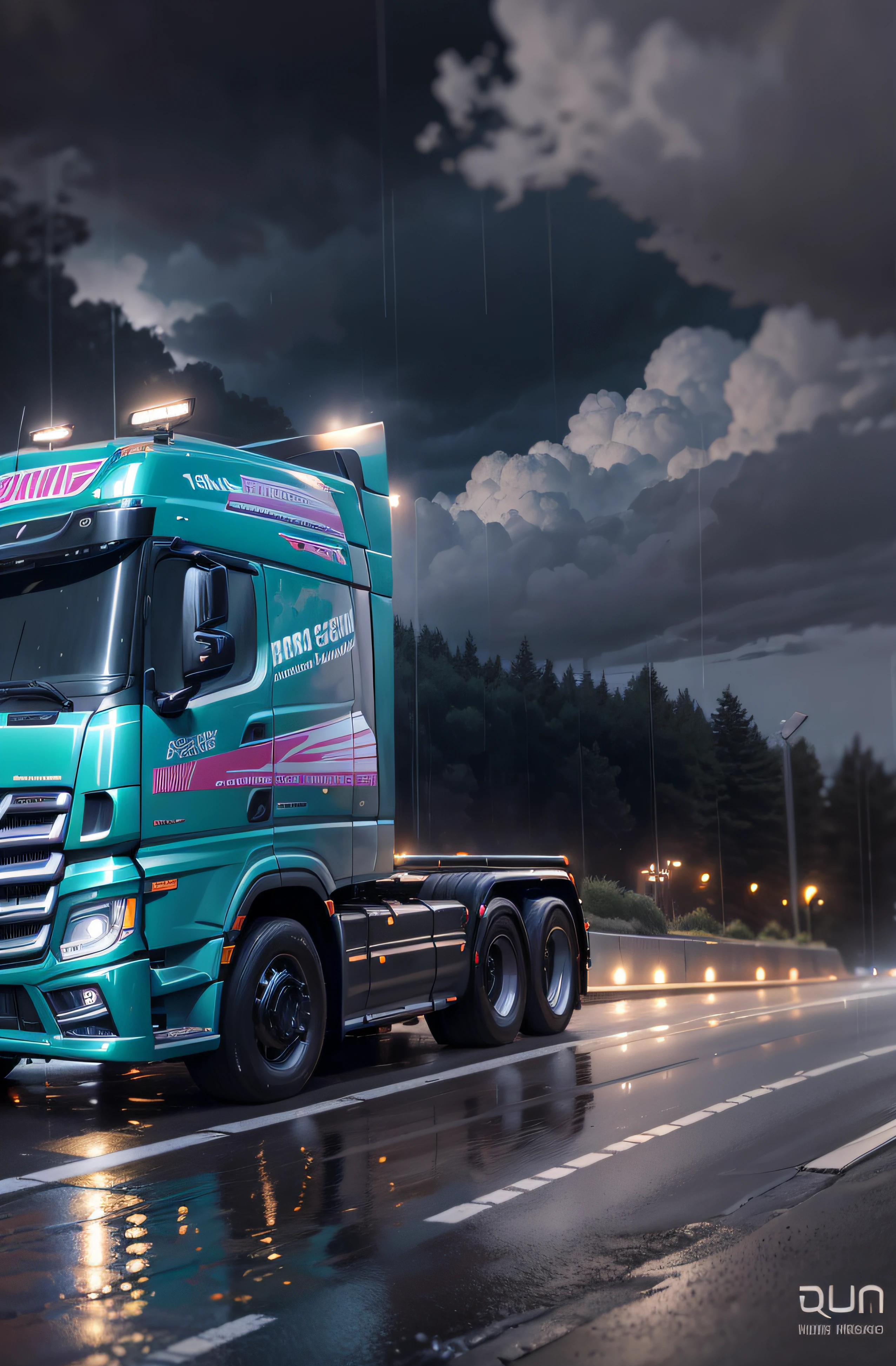 Buy the image on the realistic right side dark weather night art truck Mercedes Actros written on the side of the truck Wolf Truck black truck reflection of rainy weather high quality truck headlight in, uma pista que se estende quilometros a frente com neblina encondendo a pista de noite e chuvoso