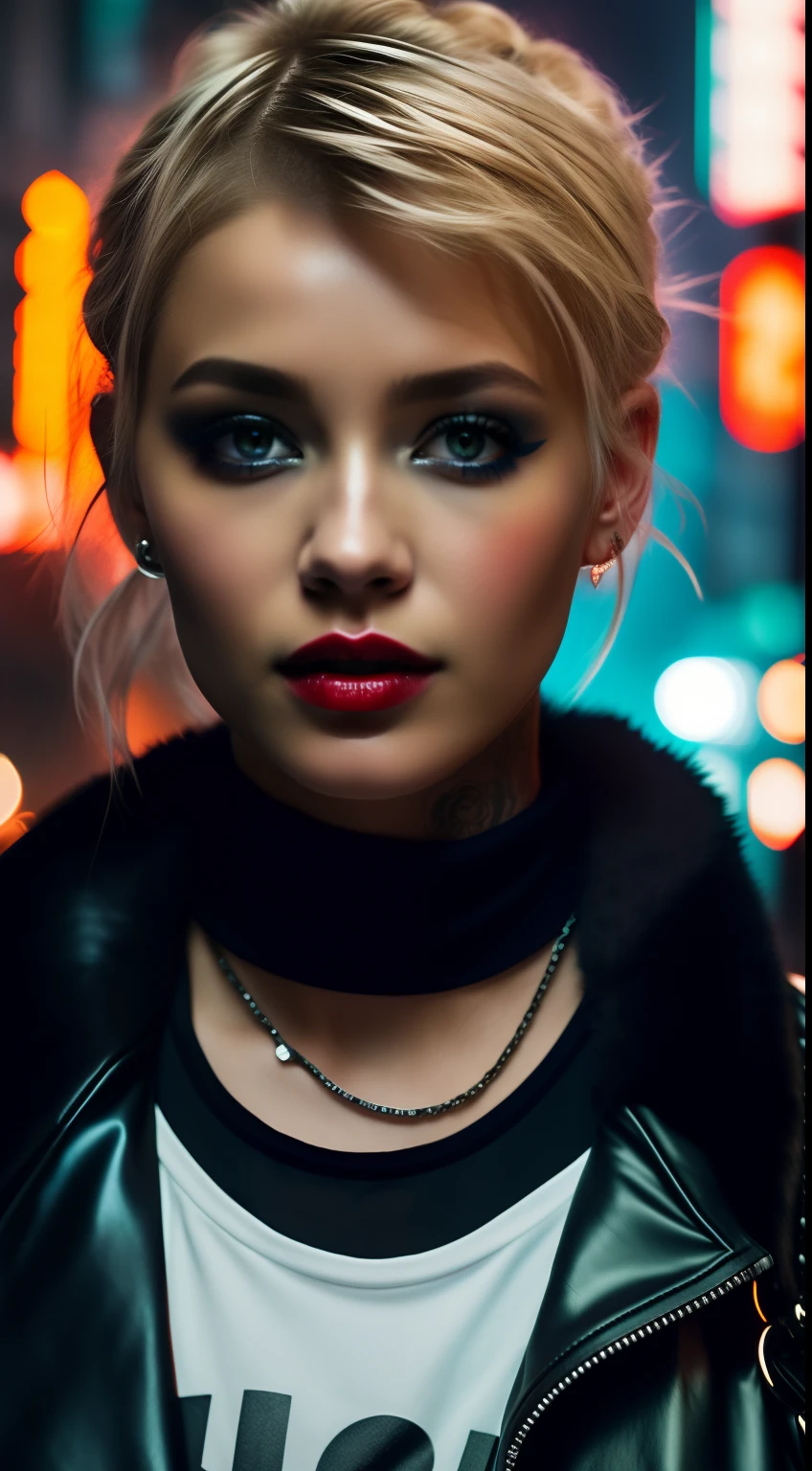 Close-up, a beautiful fashionable Russian fashionable blonde hair, tattered outfit, short side cut hair, punk outfit, lipstick, action movie scene, dystopian movie blade runner scene, night, bustling with neon signs, blade runner aesthetic, crowded people, movie cinematography, trash gang, attractive person, high emphasis on detail, wearing weather technology equipment, trash gang, tattoos, nightlife, full of life, trash gang, action movie shot by Kon Satoshi, Semi Impasto style, matte painting, atmospheric, bright, dramatic lighting, beautiful eyes, symmetrical eyes, perfect eyes