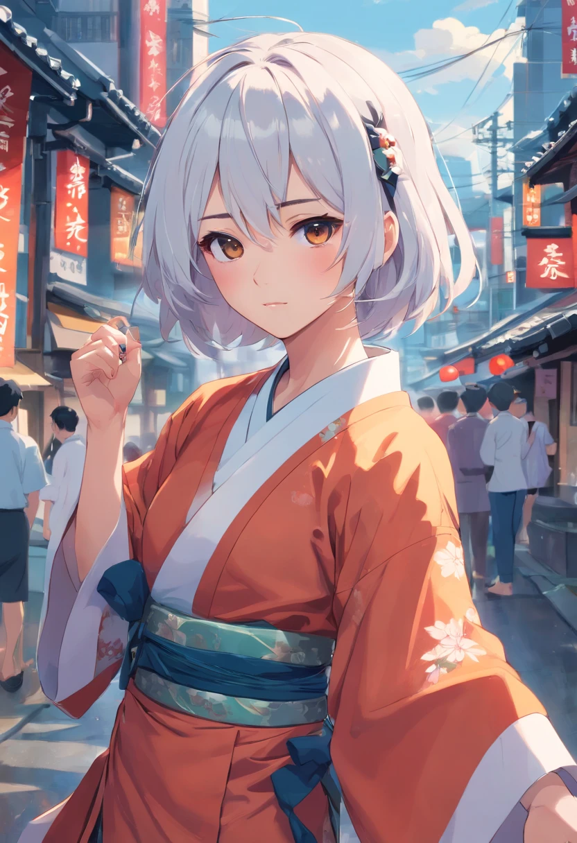 Gojo Gojo,Black Eye Socket,With two knives,Wear vintage Chinese costumes,White hair,The background is Tokyo
