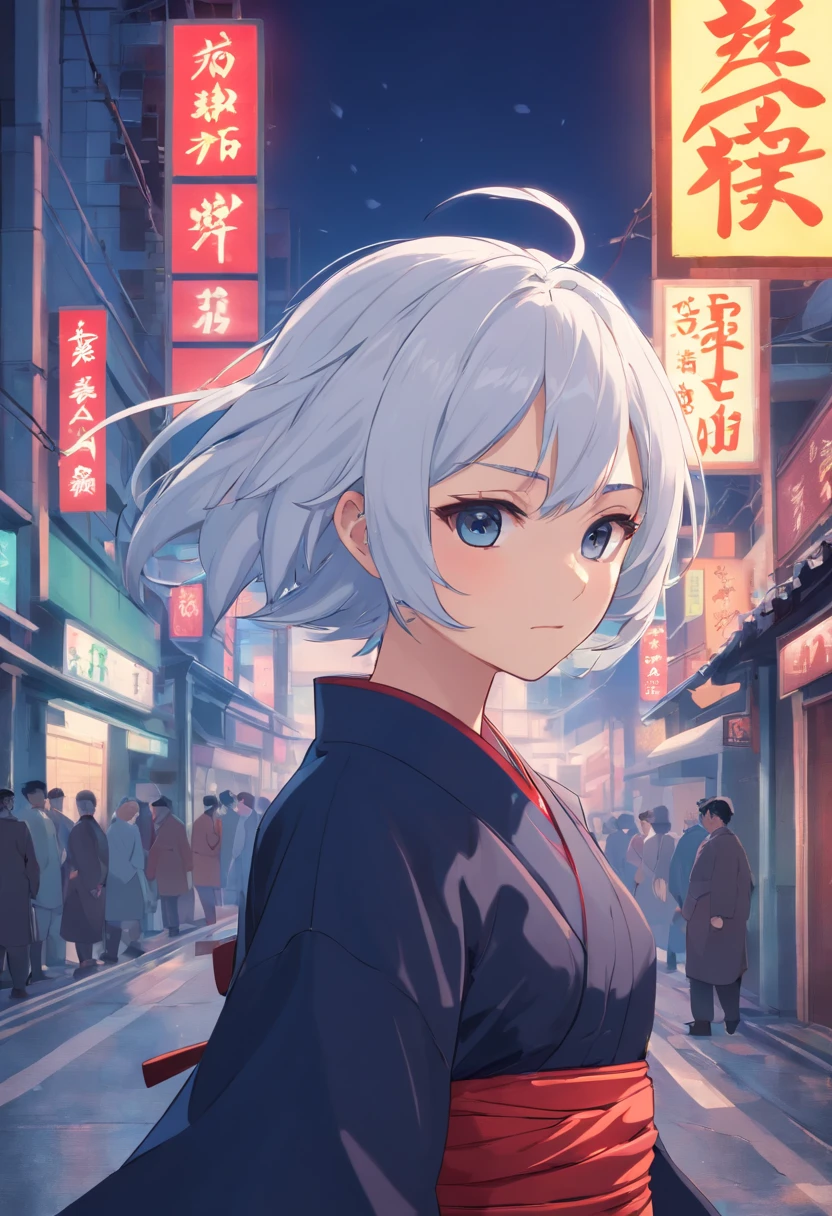 Gojo Gojo,Black Eye Socket,With two knives,Wear vintage Chinese costumes,White hair,The background is Tokyo