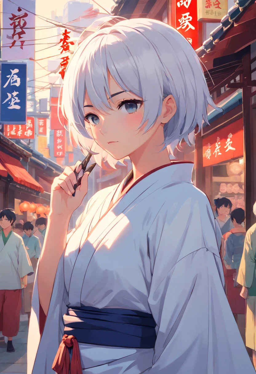 Gojo Gojo,Black Eye Socket,With two knives,Wear vintage Chinese costumes,White hair,The background is Tokyo