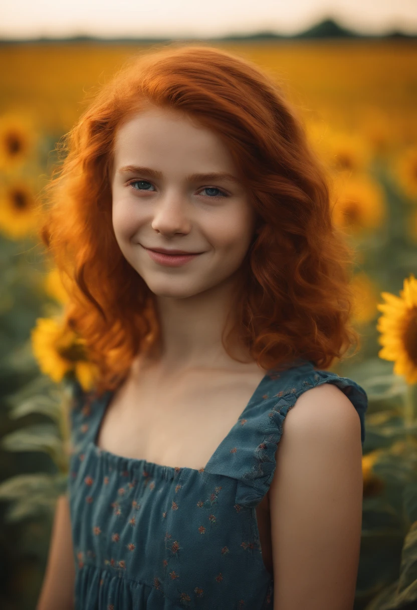 1girl, 14 years old, reddish hair, from germany, full body, close-up, looking at viewer, standing, friendly shy smile, depth of field, tattoo, wearing transparent baby doll style dress, colerful baby doll style, sunflower field