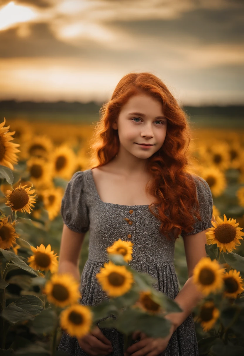 1girl, 14 years old, reddish hair, from germany, full body, close-up, looking at viewer, standing, friendly shy smile, depth of field, tattoo, wearing transparent baby doll style dress, colerful baby doll style, sunflower field