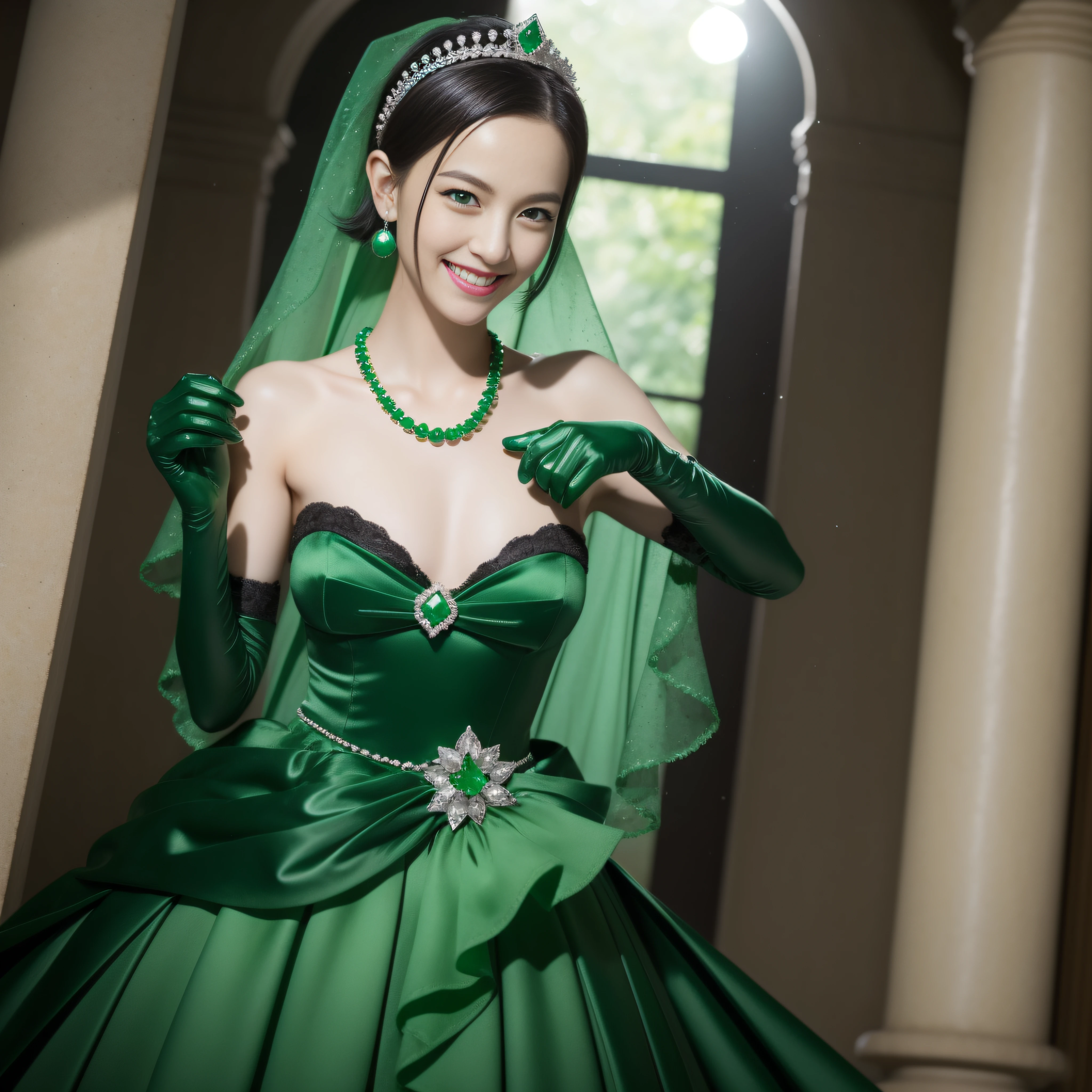 emerald tiara, Green Pearl Necklace, Boyish very short black hair, lipsticks, Japan woman smiling, Long green gloves made of satin material, very short short hair, Guts Pose, Green eyes